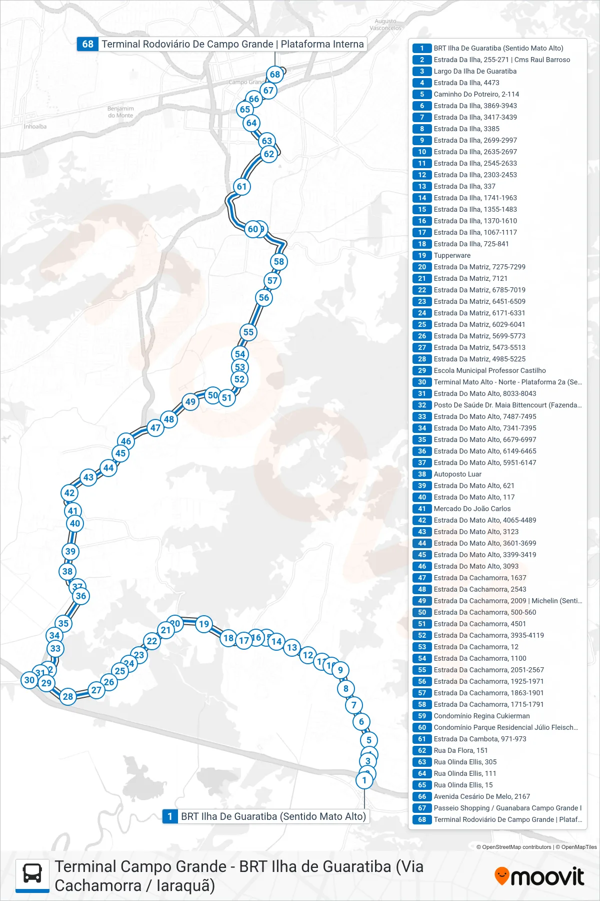 Rota e paradas da linha de ônibus 854 (Campo Grande) no mapa