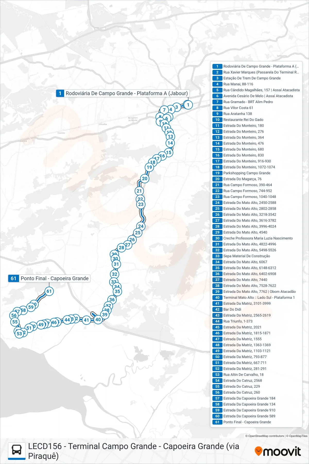 Rota e paradas da linha de ônibus 856 (Capoeira Grande) no mapa
