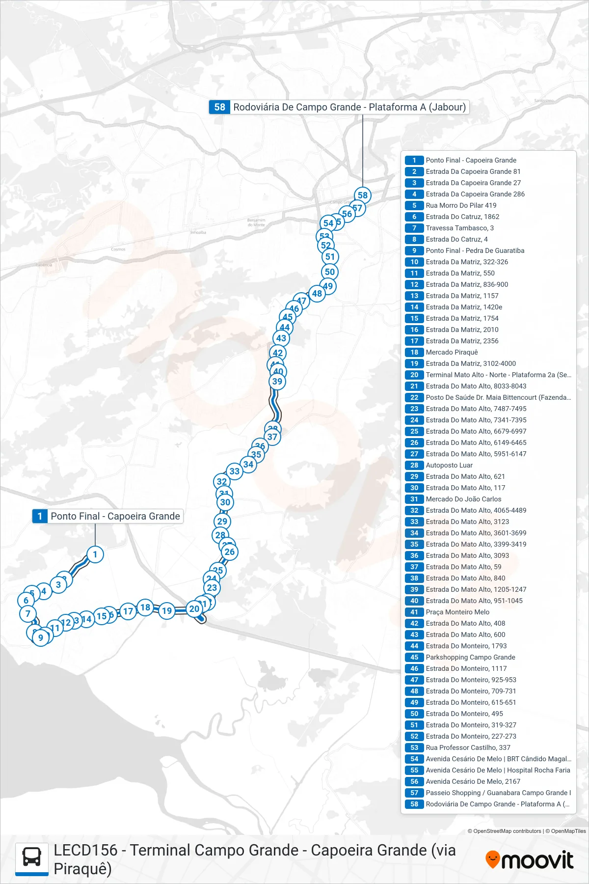 Rota e paradas da linha de ônibus 856 (Terminal Campo Grande) no mapa