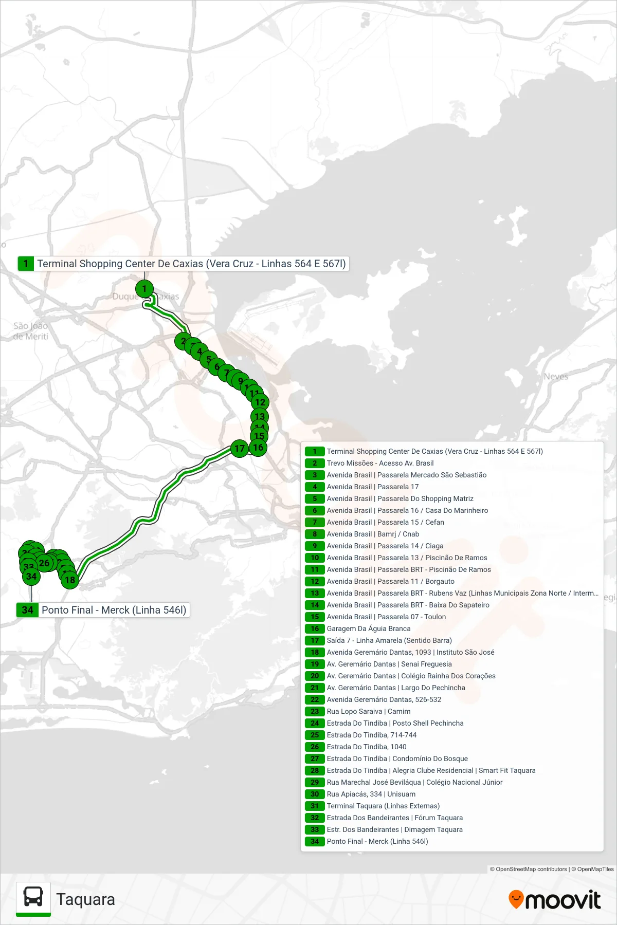 Rota e paradas da linha de ônibus 567 (Taquara) no mapa