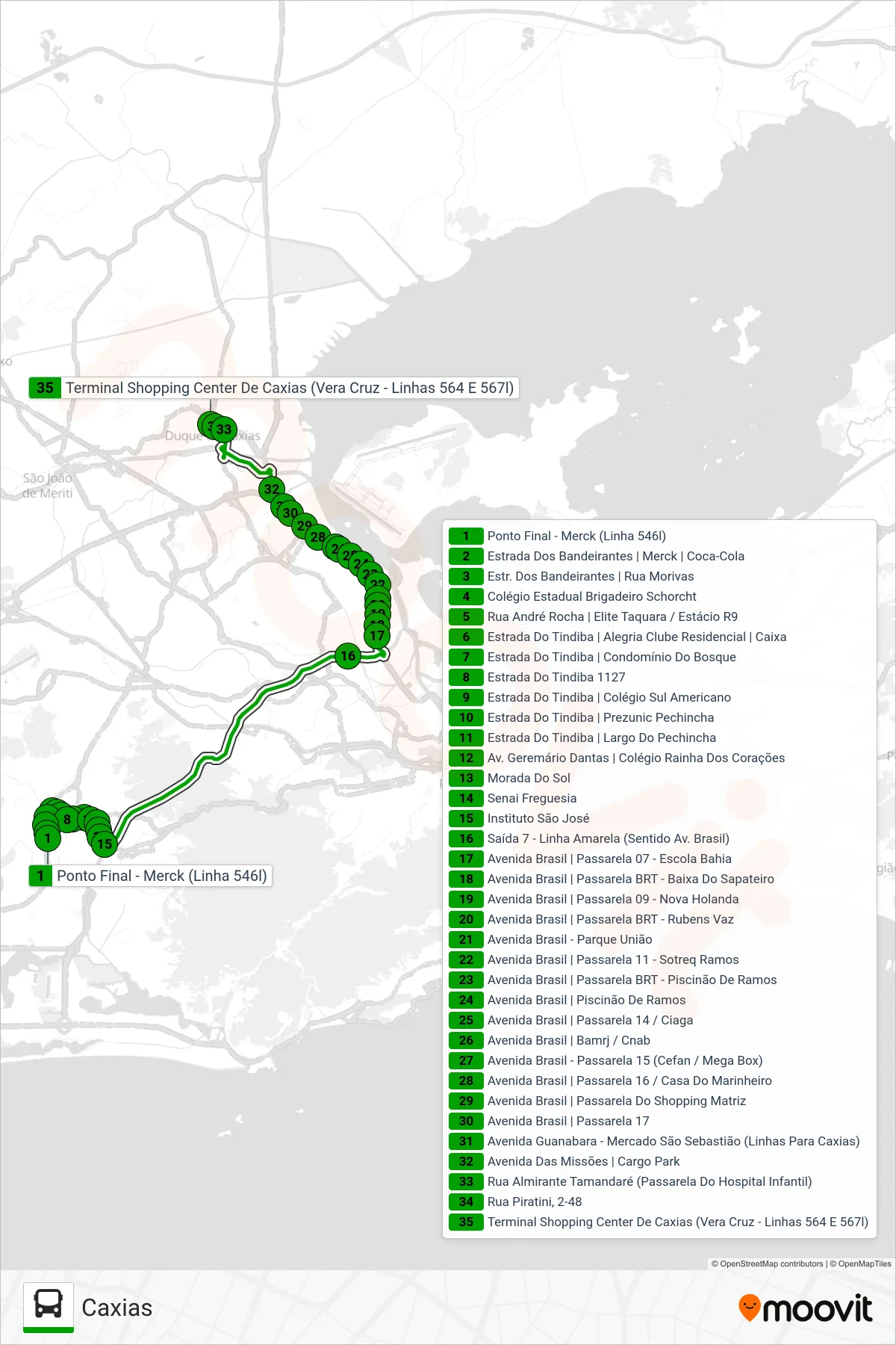 Rota e paradas da linha de ônibus 567 (Caxias) no mapa