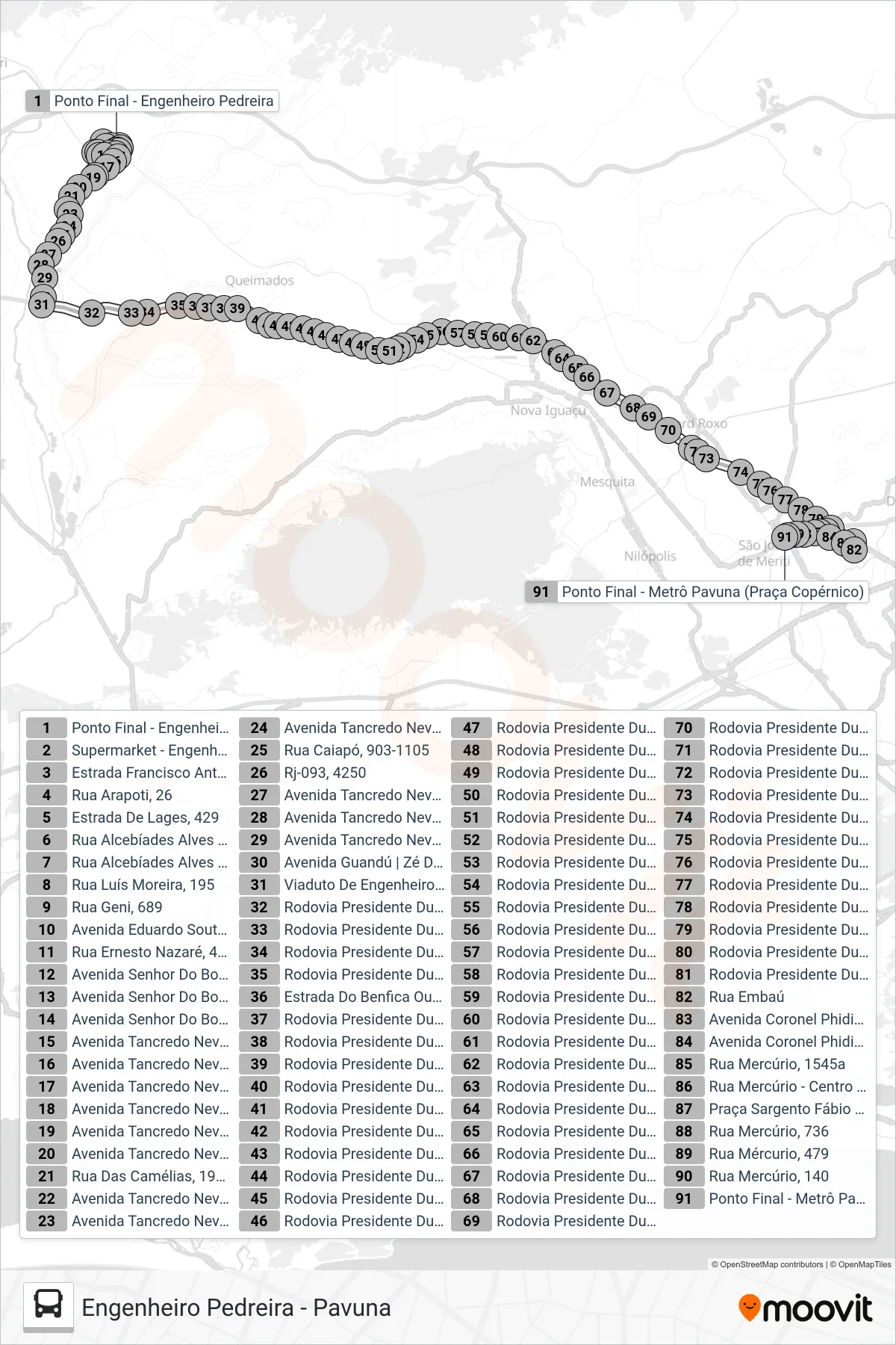 Rota e paradas da linha de ônibus 593I (Pavuna) no mapa