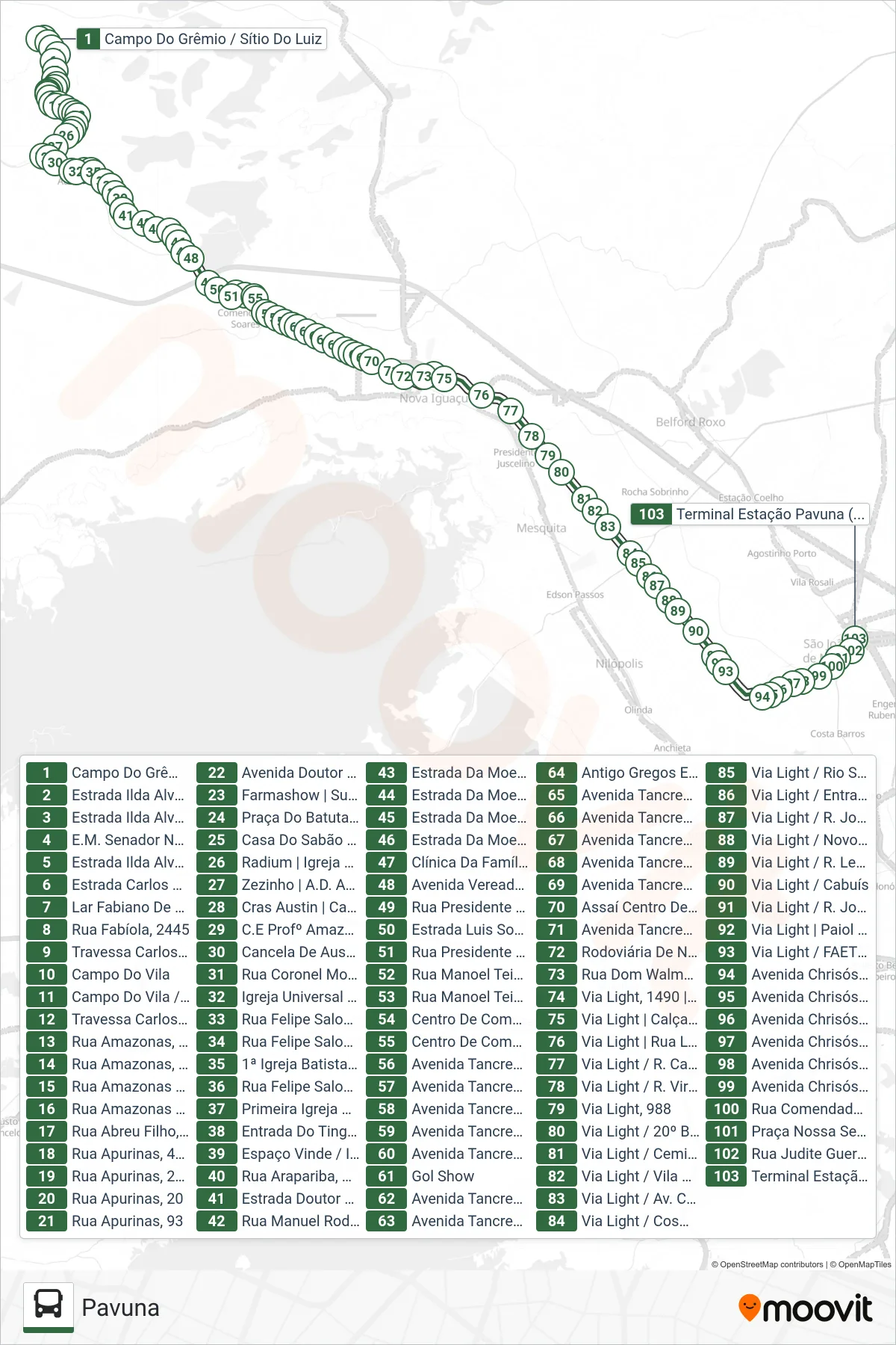 Rota e paradas da linha de ônibus 580I (Pavuna) no mapa