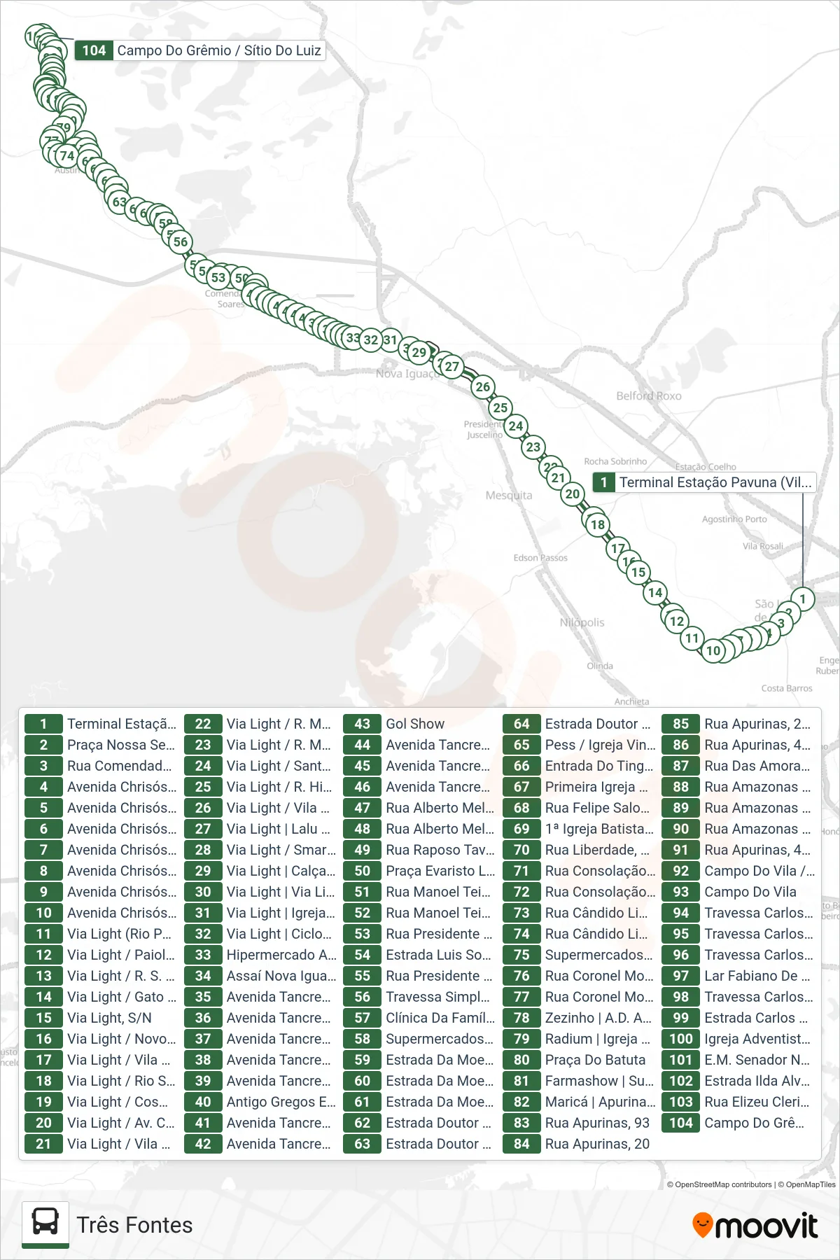 Rota e paradas da linha de ônibus 580I (Três Fontes) no mapa