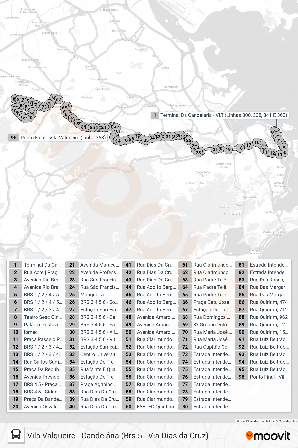 SN 363 bus Line (Vila Valqueire) route and stops on a map