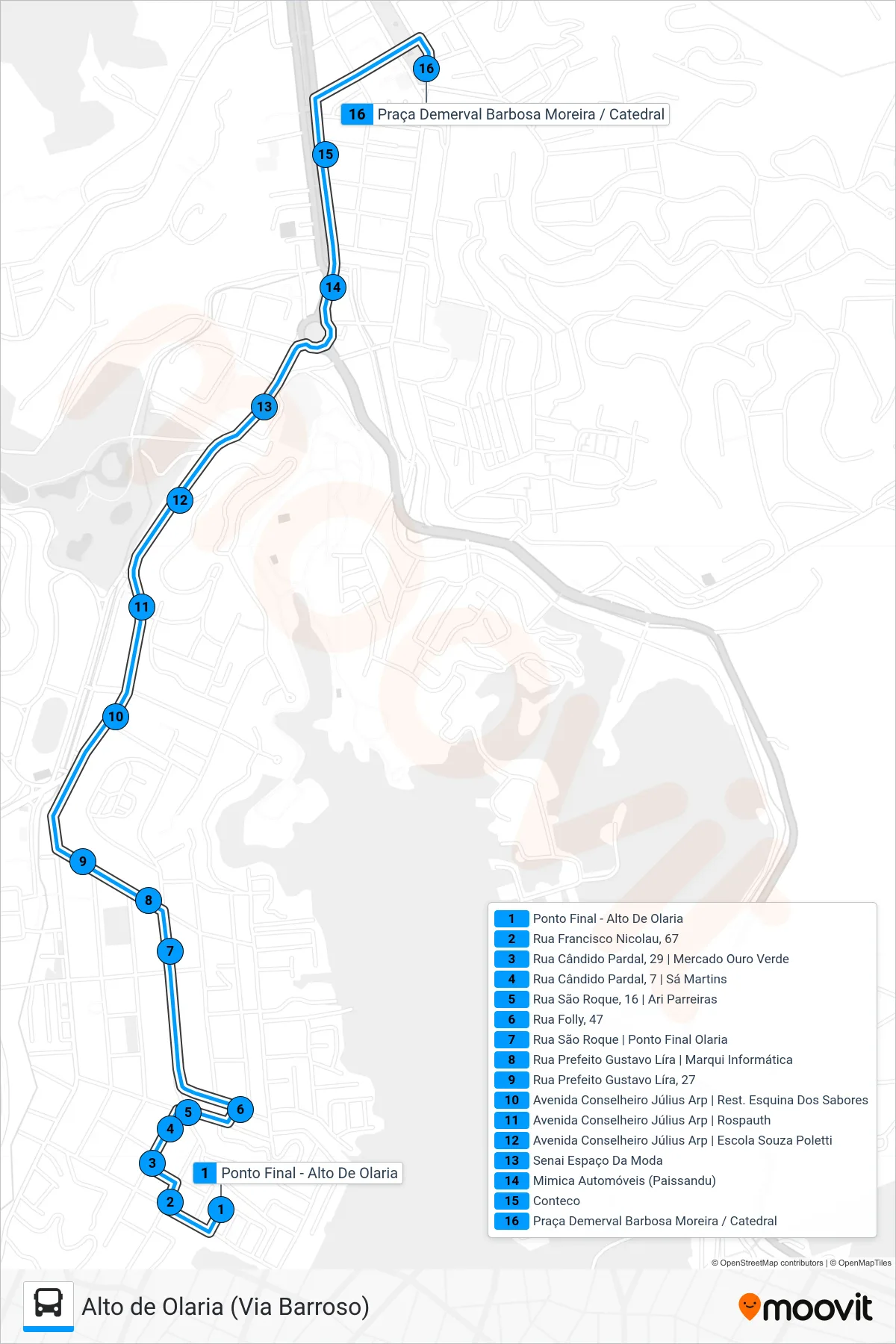Rota e paradas da linha de ônibus 42 (Centro (Via Barroso)) no mapa