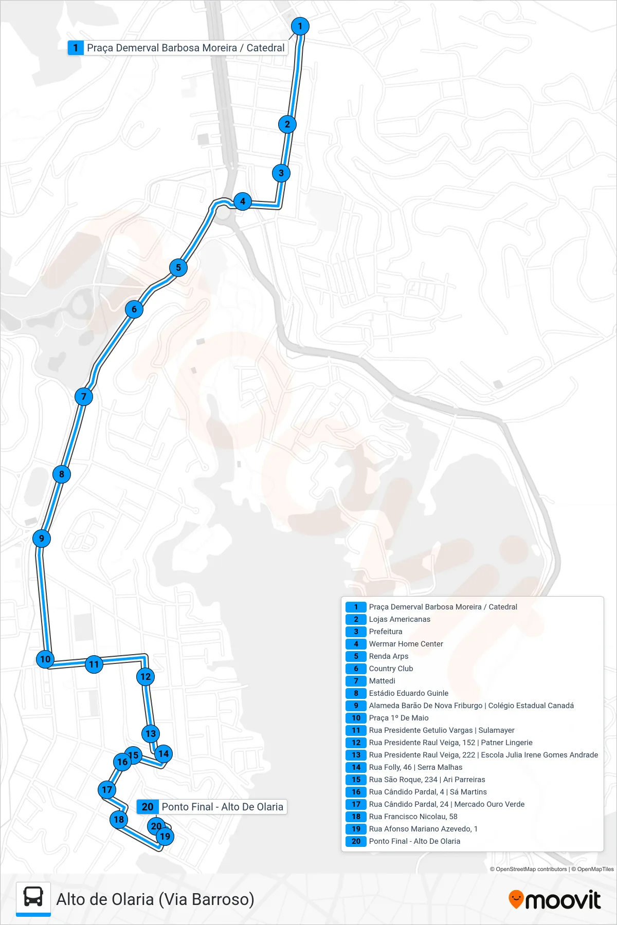 Rota e paradas da linha de ônibus 42 (Alto De Olaria (Via Barroso)) no mapa