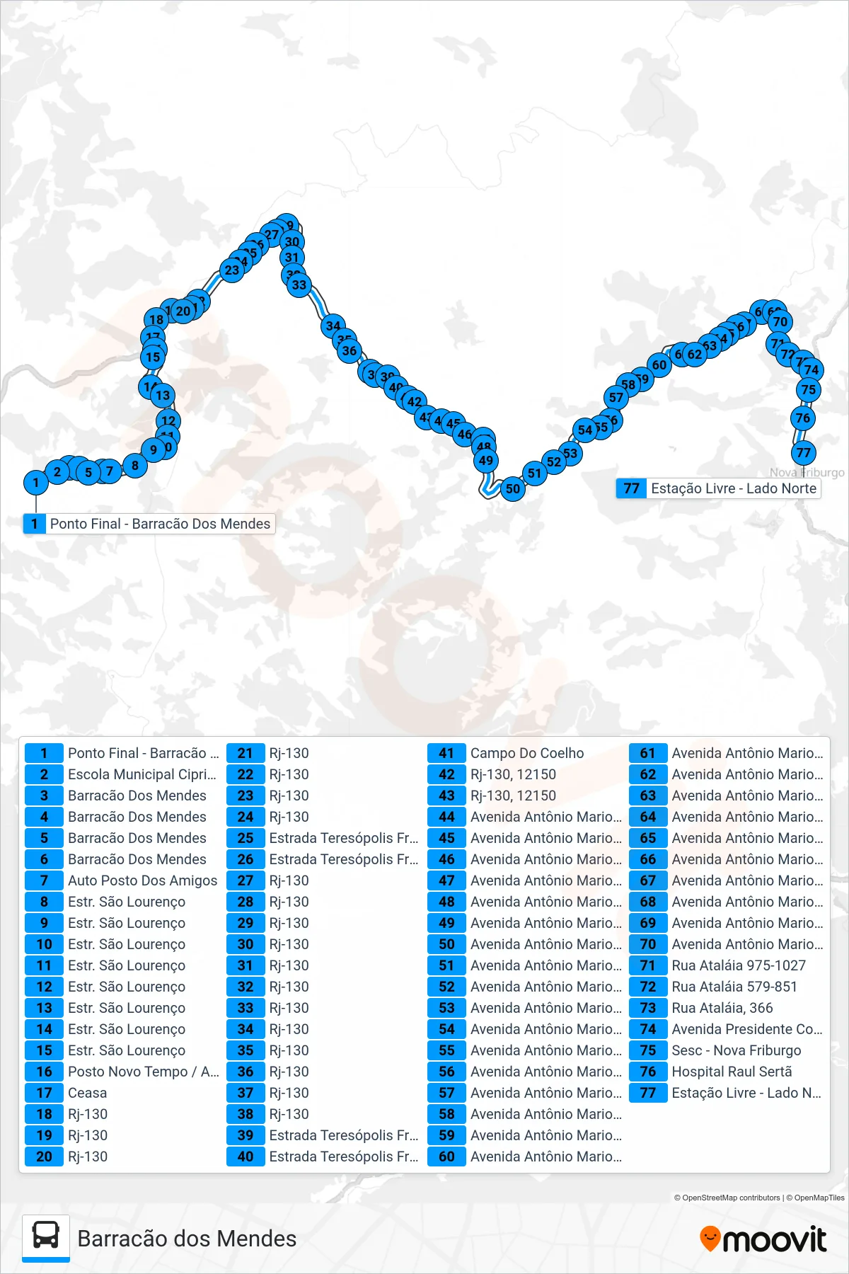 Rota e paradas da linha de ônibus 53-C (Centro (Estação Livre)) no mapa