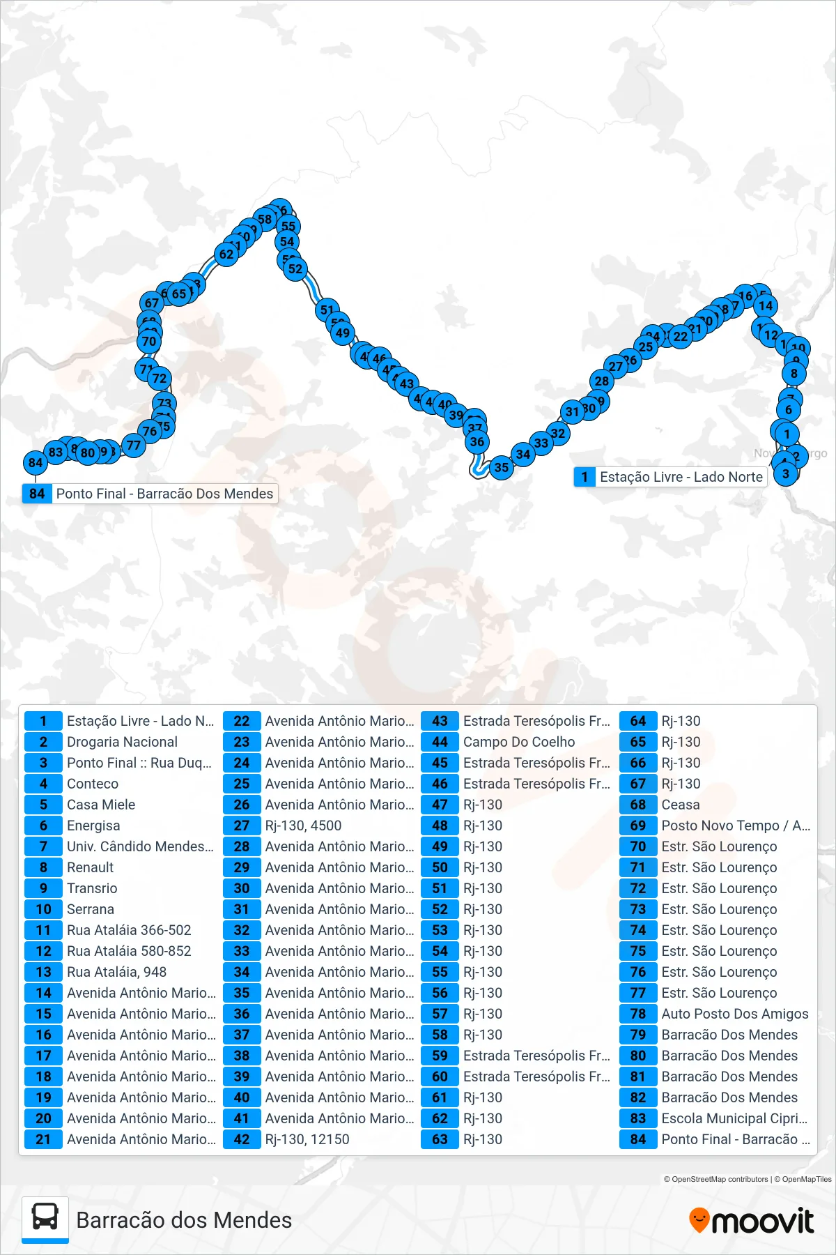 Rota e paradas da linha de ônibus 53-C (Barracão Dos Mendes) no mapa