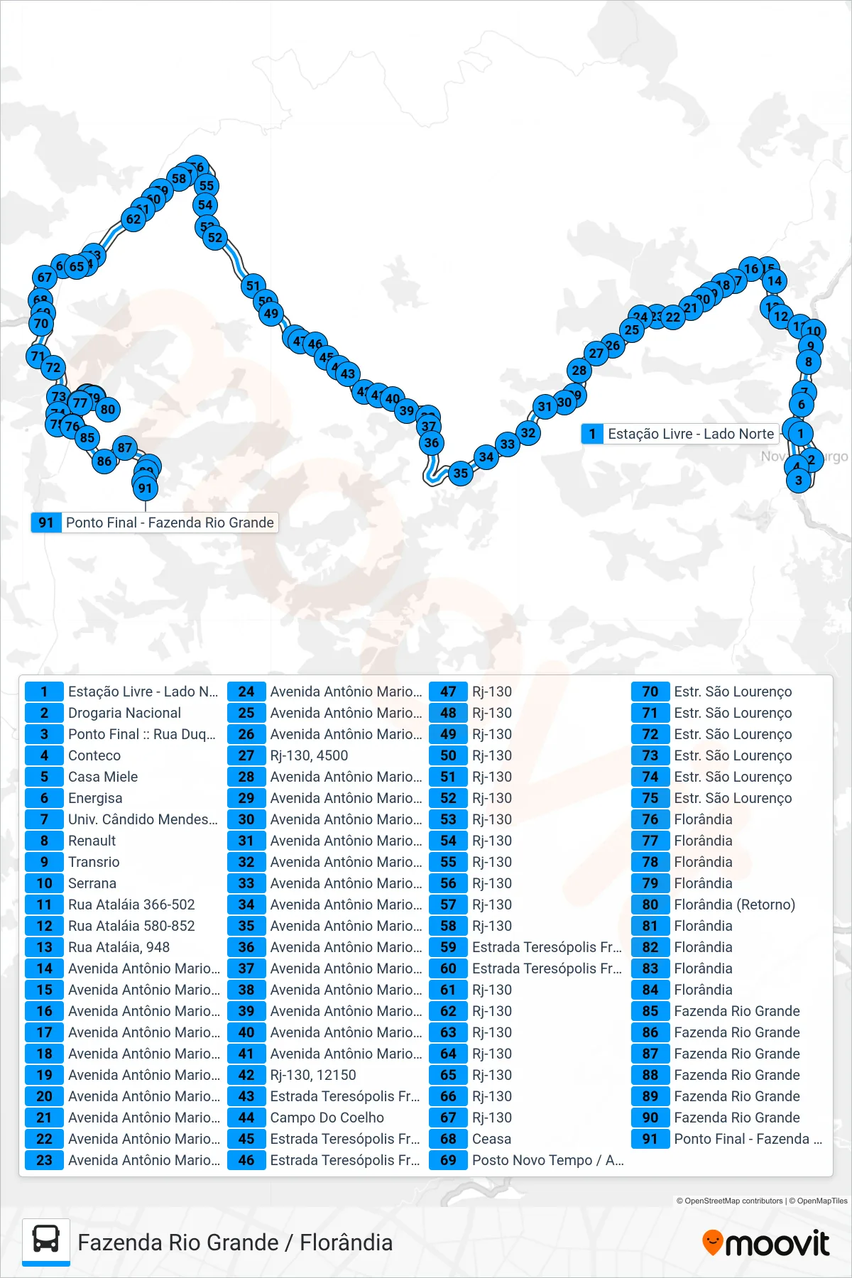 Rota e paradas da linha de ônibus 53-B (Fazenda Rio Grande / Florândia) no mapa