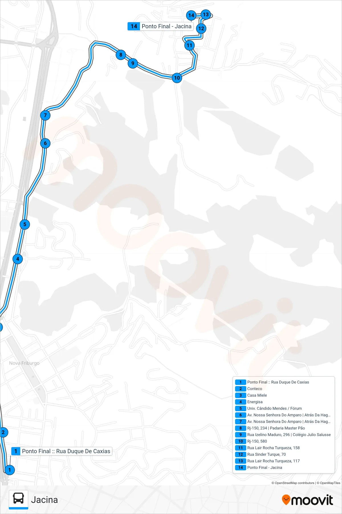 Rota e paradas da linha de ônibus 31 (Jacina) no mapa