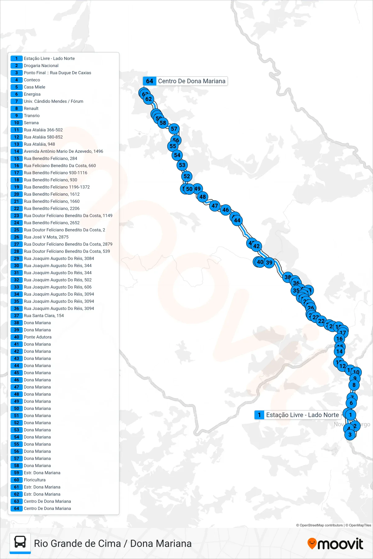 Rota e paradas da linha de ônibus 57 (Rio Grande De Cima / Dona Mariana) no mapa