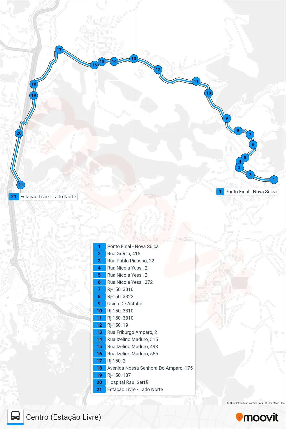 Rota e paradas da linha de ônibus 32 (Centro (Estação Livre)) no mapa