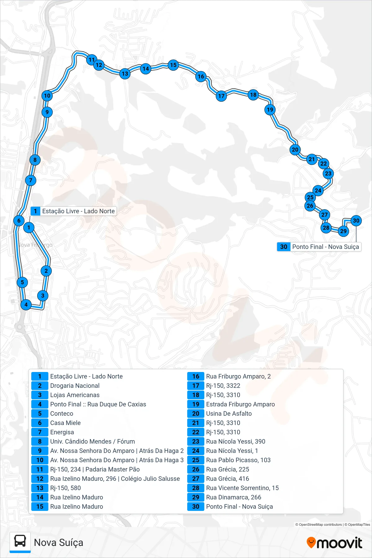 Rota e paradas da linha de ônibus 32 (Nova Suíça) no mapa
