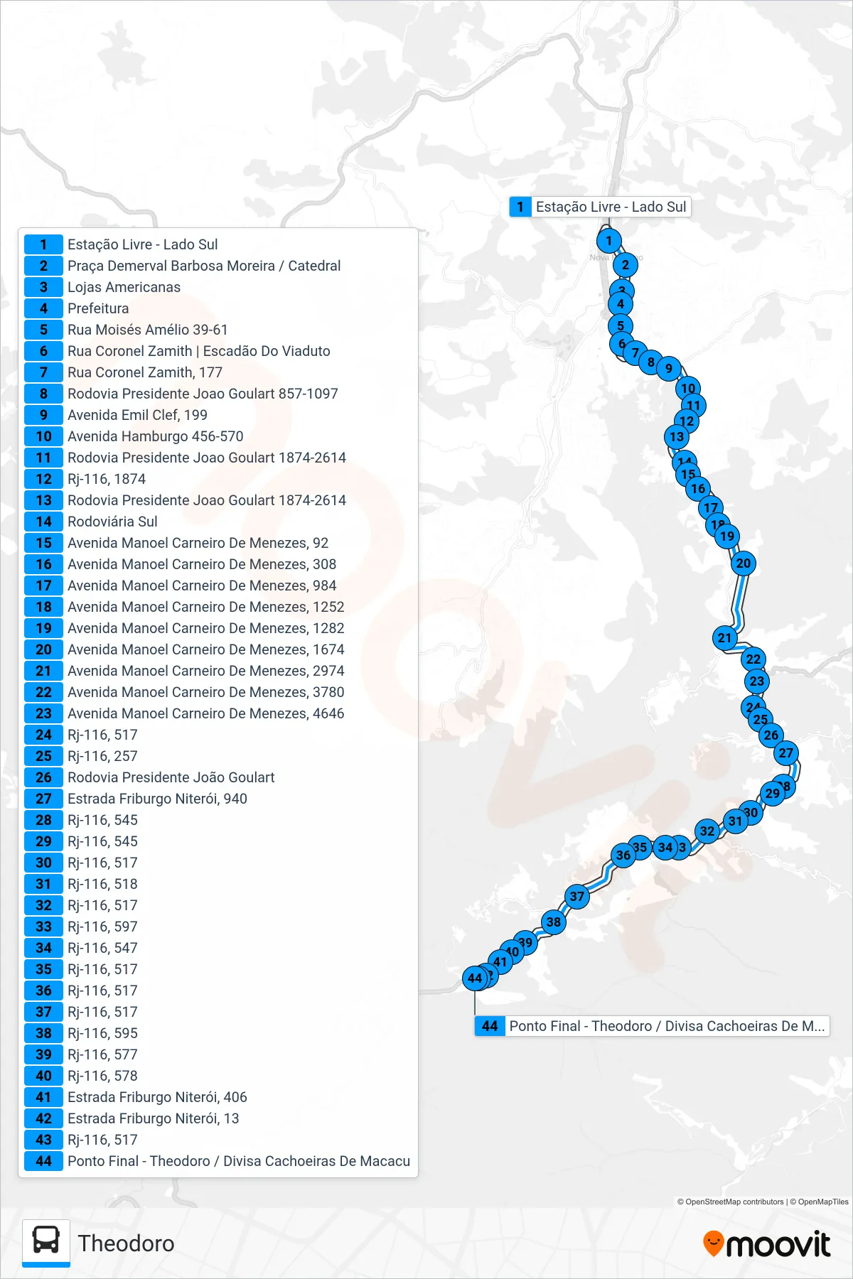Rota e paradas da linha de ônibus 40 (Theodoro) no mapa