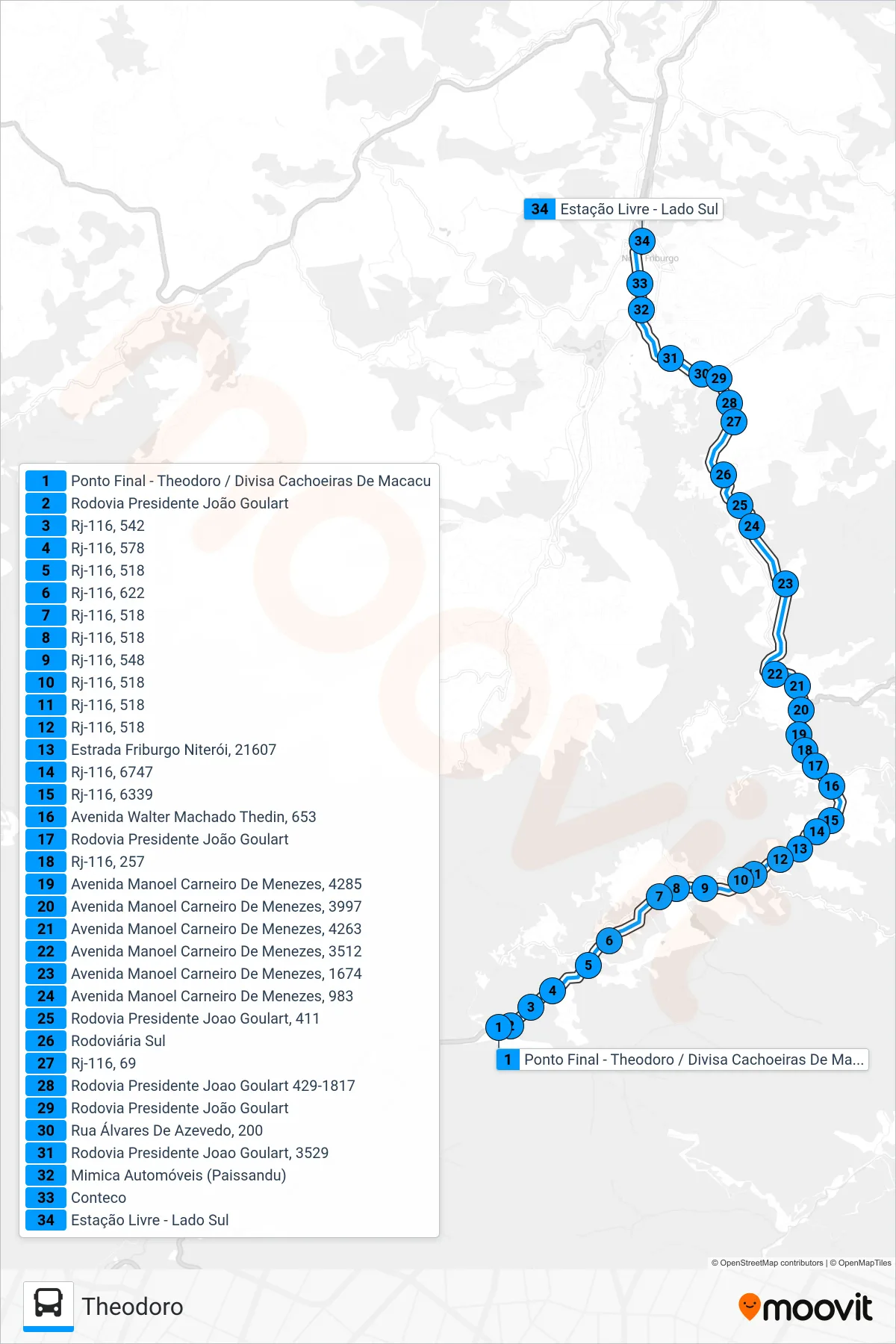 Rota e paradas da linha de ônibus 40 (Centro (Estação Livre)) no mapa