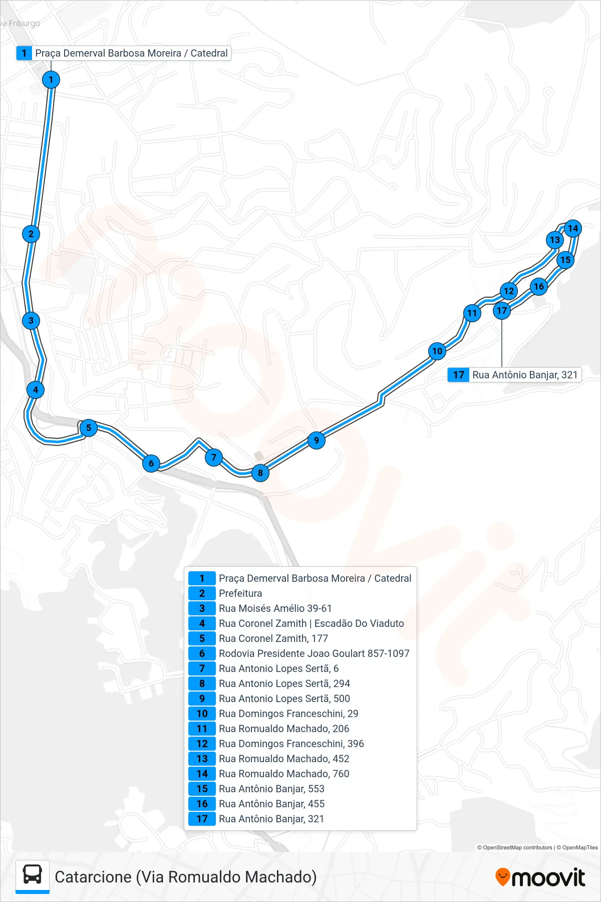 Rota e paradas da linha de ônibus 05-A (Catarcione (Via Romualdo Machado)) no mapa