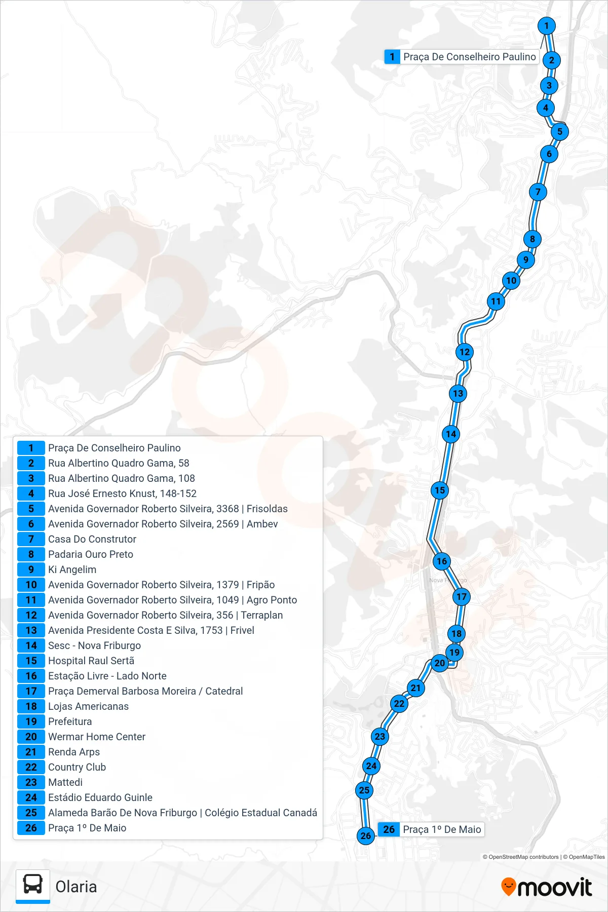 Rota e paradas da linha de ônibus 10 (Olaria) no mapa