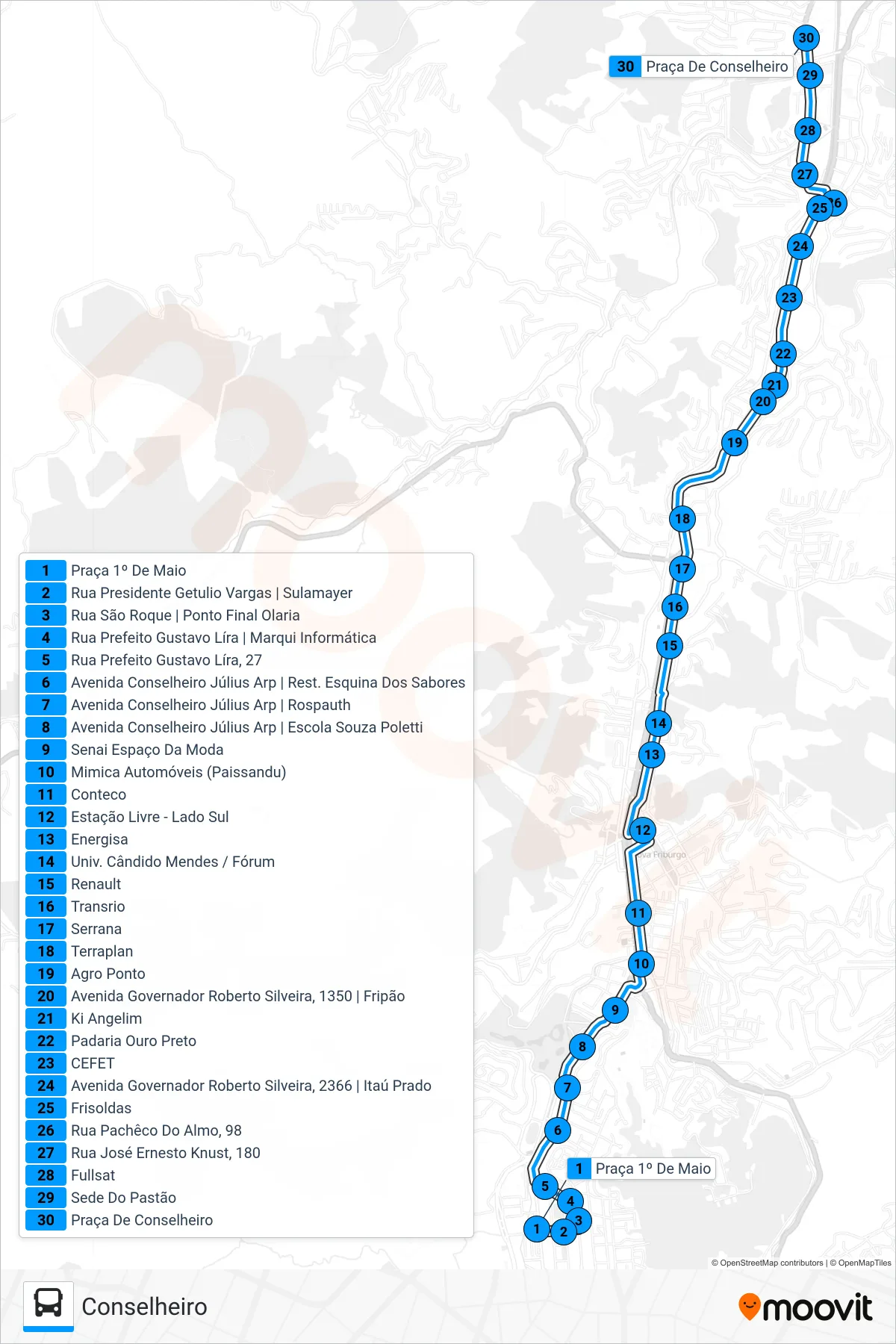 Rota e paradas da linha de ônibus 10 (Conselheiro) no mapa