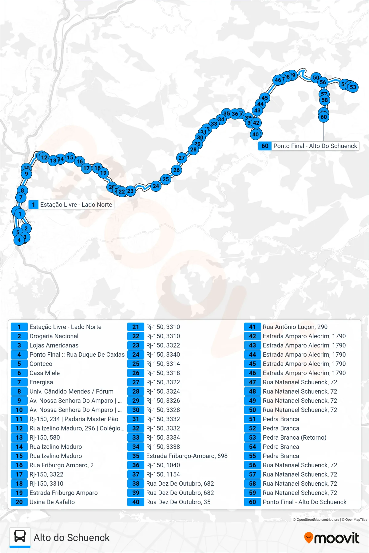 Rota e paradas da linha de ônibus 33 (Alto Do Schuenck) no mapa