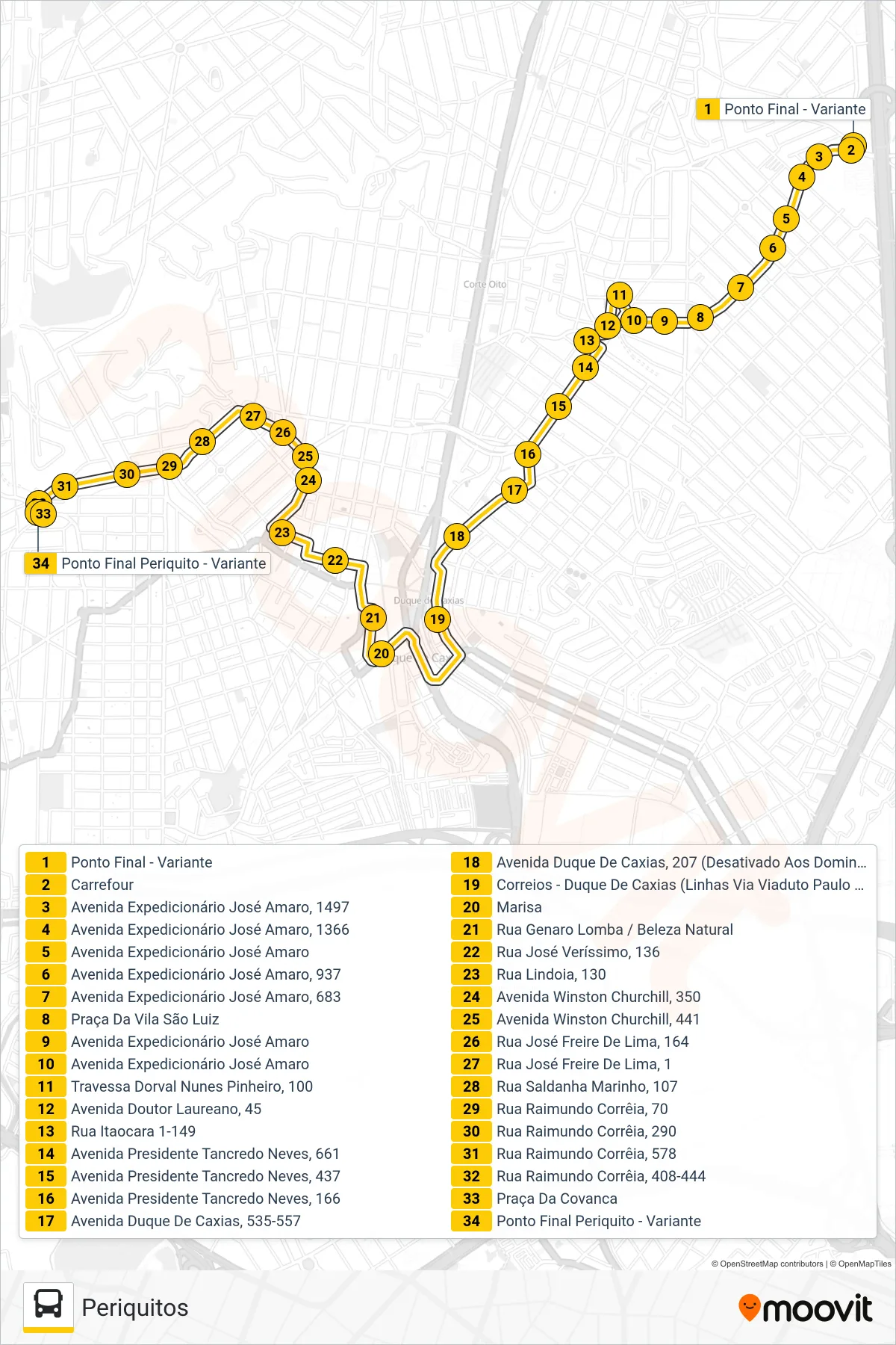 Rota e paradas da linha de ônibus 017 (Periquitos) no mapa