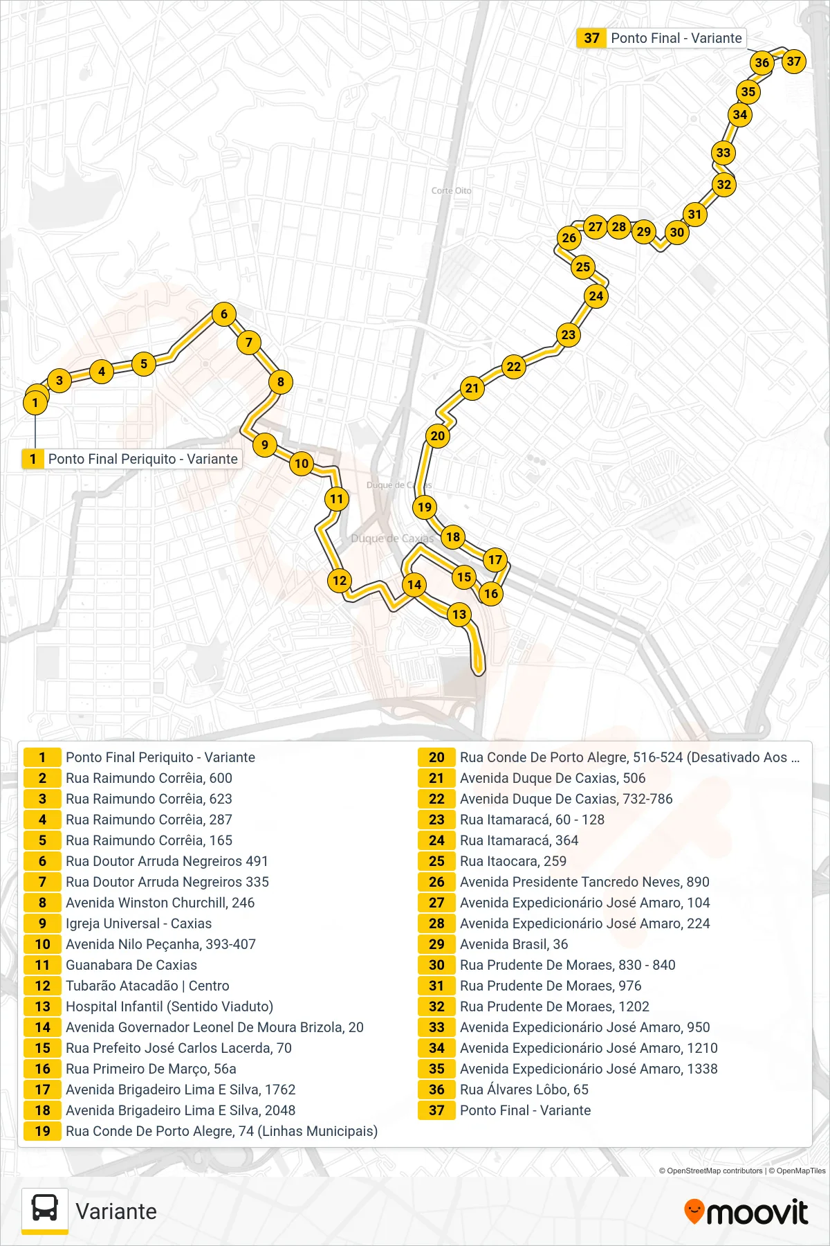 Rota e paradas da linha de ônibus 017 (Variante) no mapa