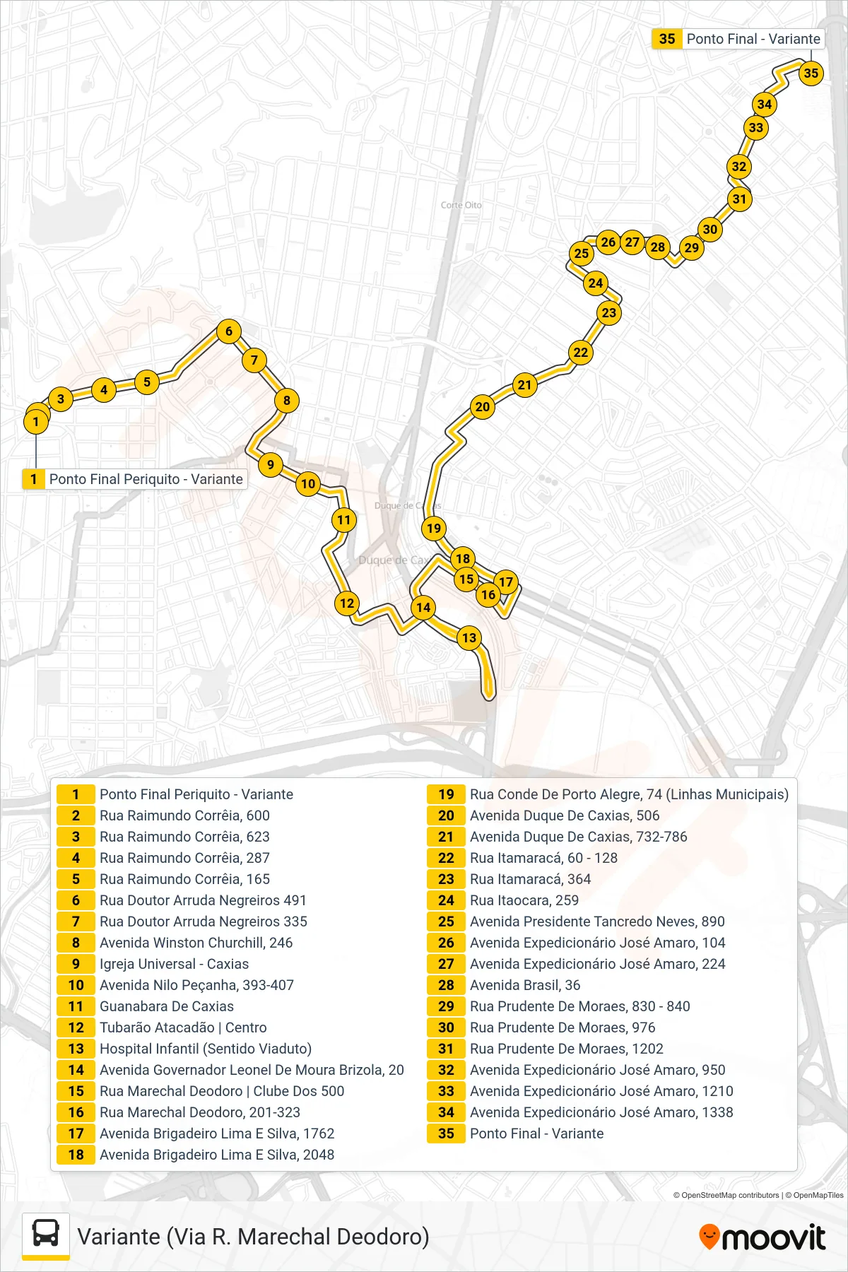 Rota e paradas da linha de ônibus 017 (Variante (Via R. Marechal Deodoro)) no mapa