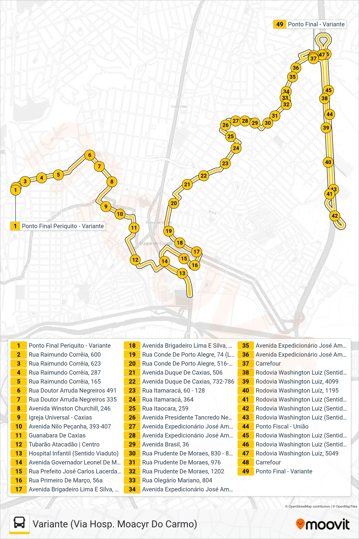 Rota e paradas da linha de ônibus 017 (Variante (Via Hosp. Moacyr Do Carmo)) no mapa