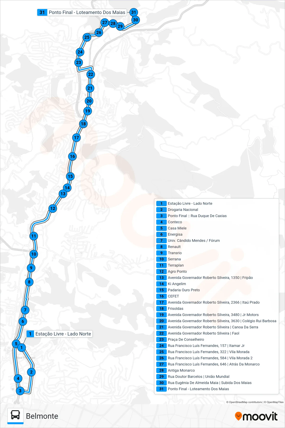 Rota e paradas da linha de ônibus 22 (Belmonte) no mapa