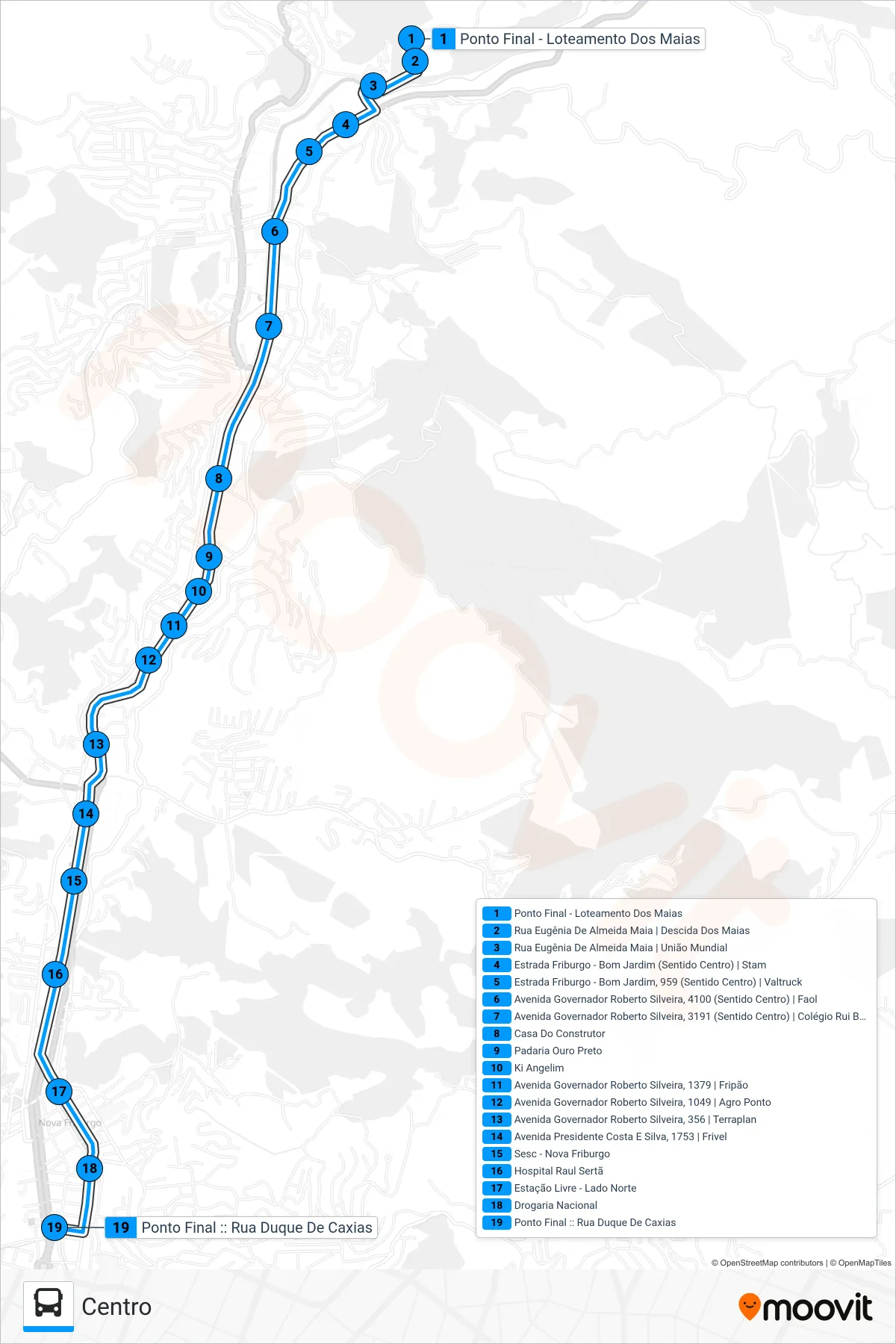 Rota e paradas da linha de ônibus  22  (Centro) no mapa