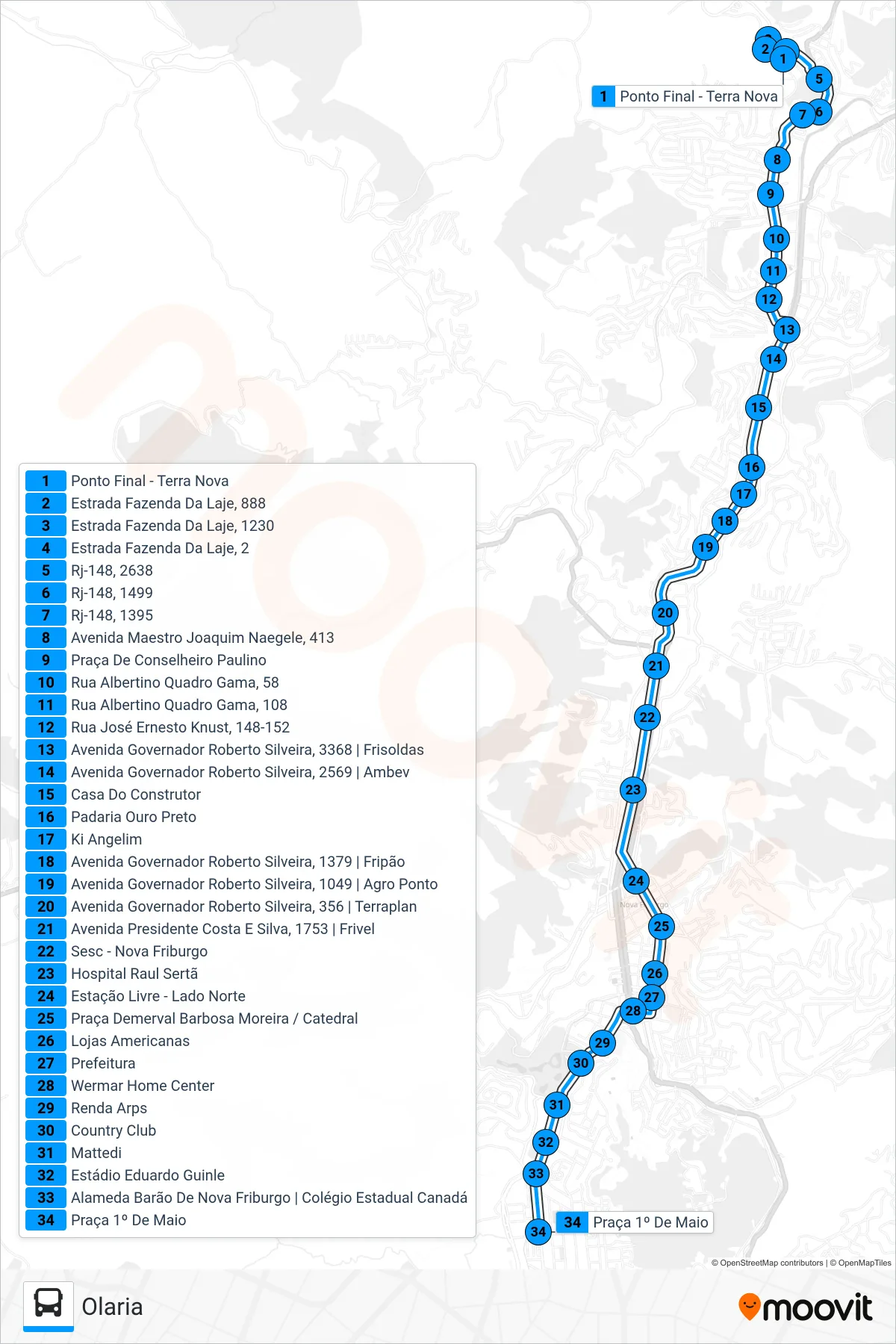 Rota e paradas da linha de ônibus 10-A (Olaria) no mapa