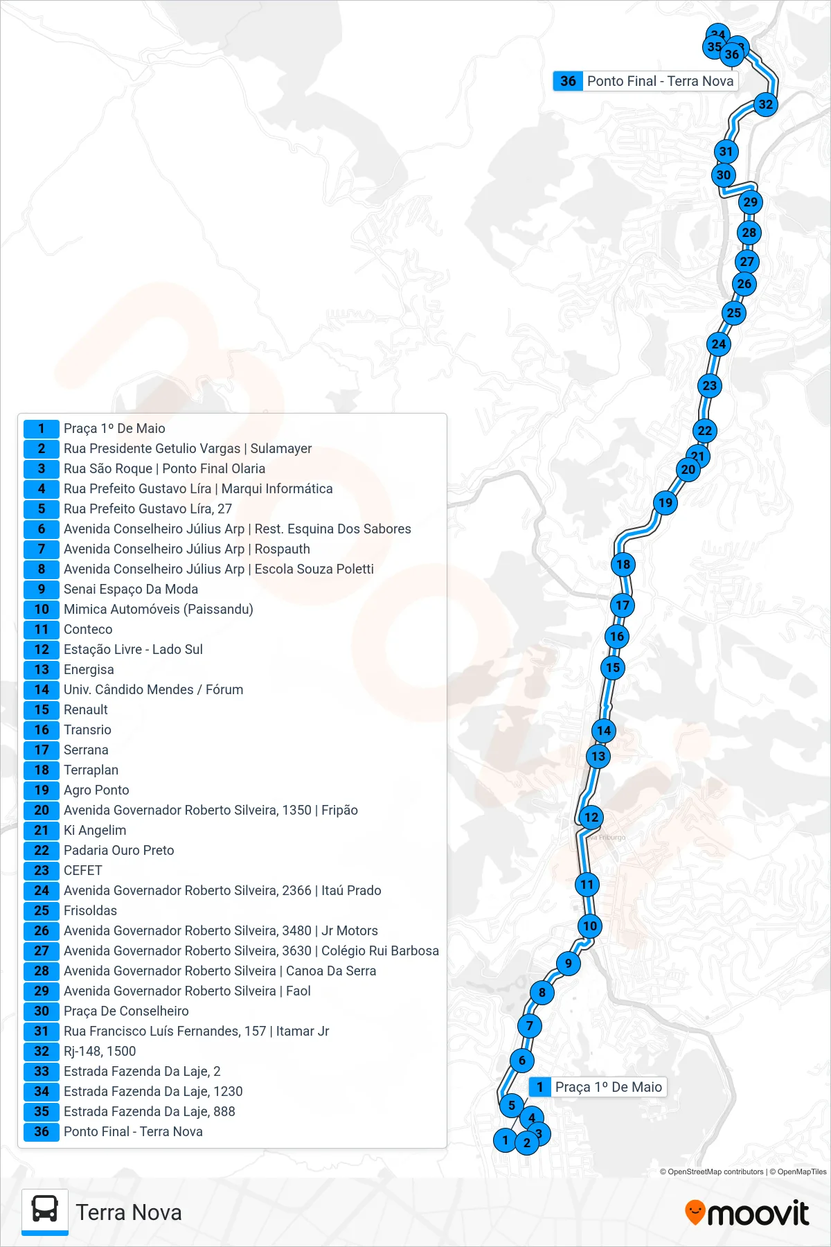 Rota e paradas da linha de ônibus 10-A (Terra Nova) no mapa