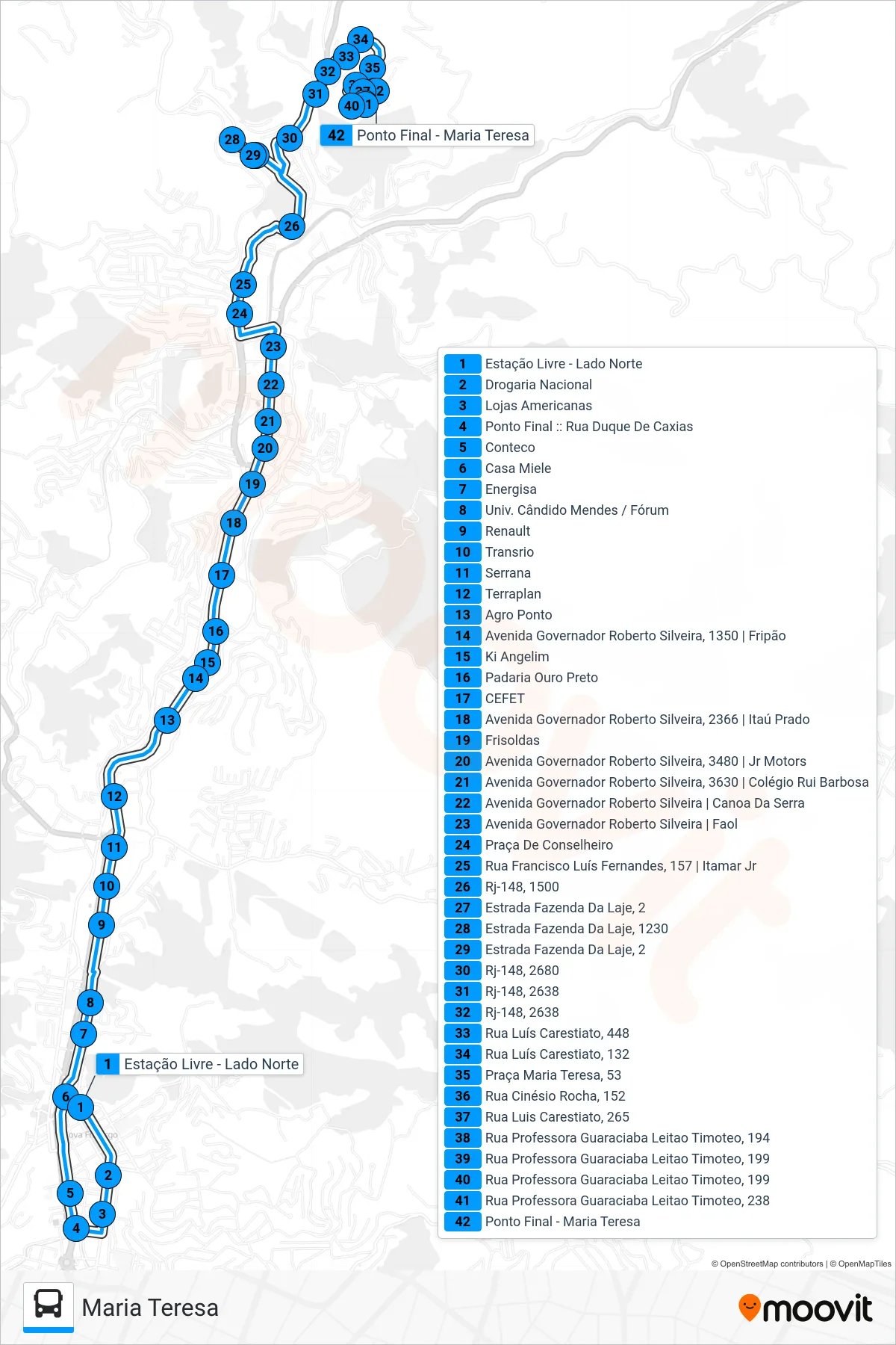 Rota e paradas da linha de ônibus 28 (Maria Teresa) no mapa