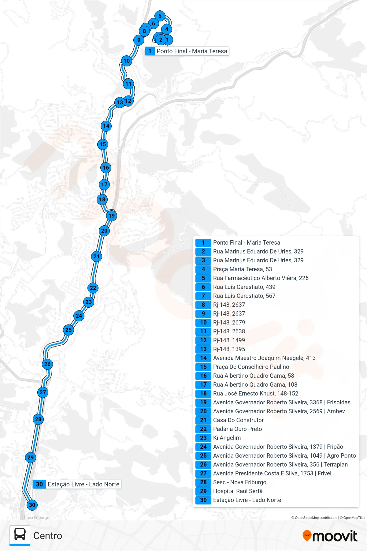 Rota e paradas da linha de ônibus 28 (Centro) no mapa