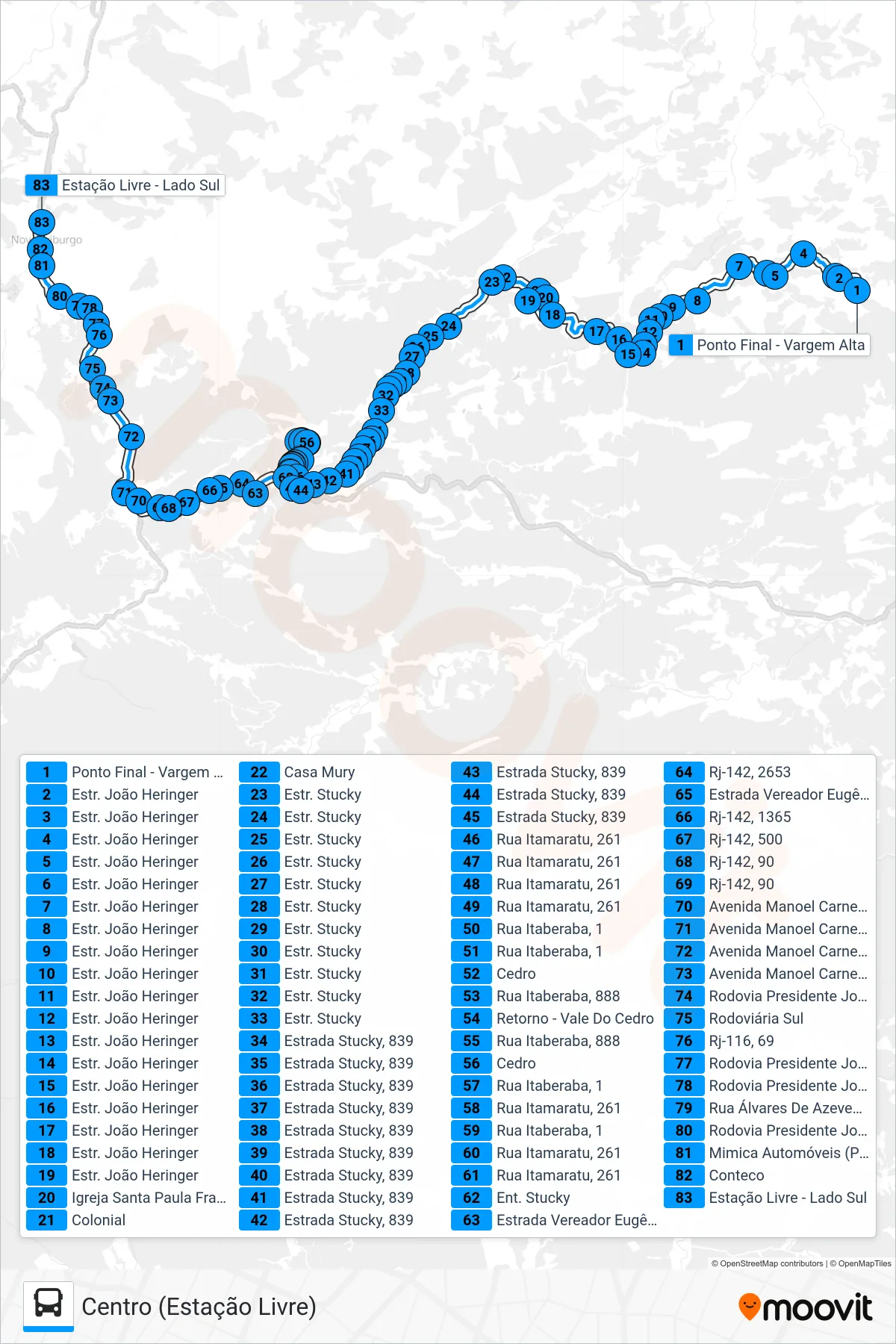 Rota e paradas da linha de ônibus 46 (Centro (Estação Livre)) no mapa