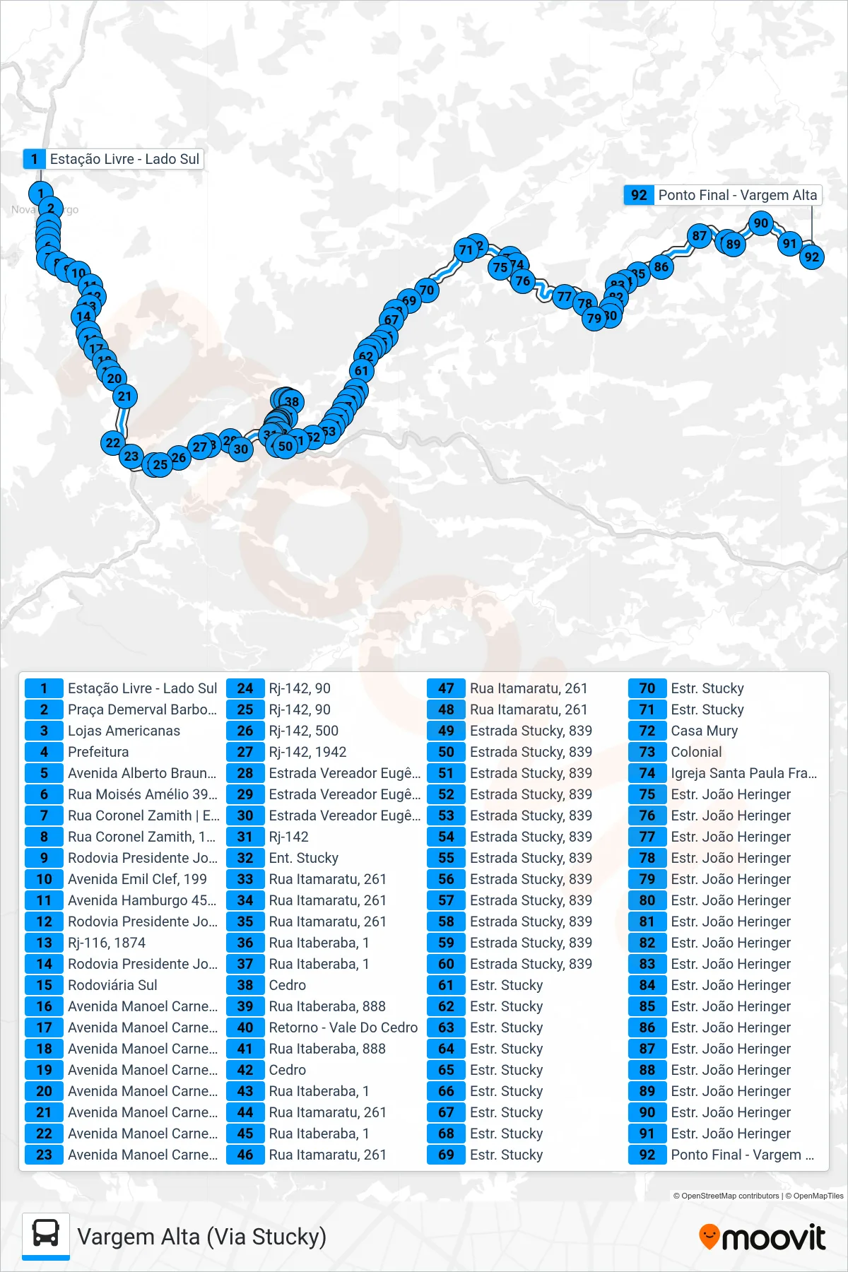 Rota e paradas da linha de ônibus 46 (Vargem Alta (Via Stucky)) no mapa