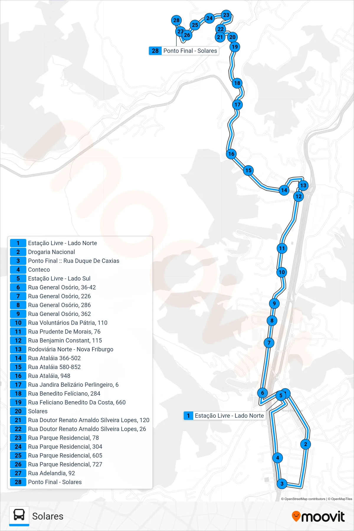 Rota e paradas da linha de ônibus 52-B (Solares) no mapa