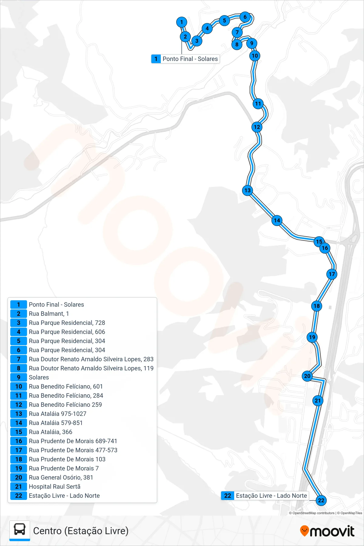 Rota e paradas da linha de ônibus  52-B  (Centro (Estação Livre)) no mapa