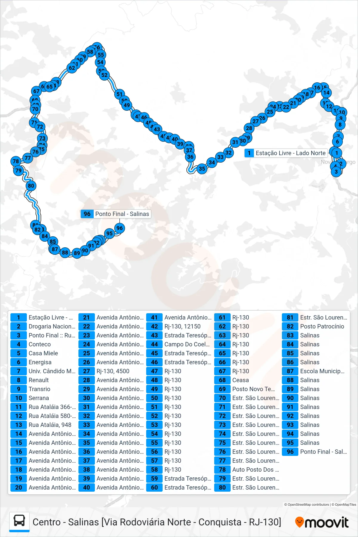 53-D bus Line (Centro → Salina                                                                [Via Rod. Norte - Conquista]) route and stops on a map