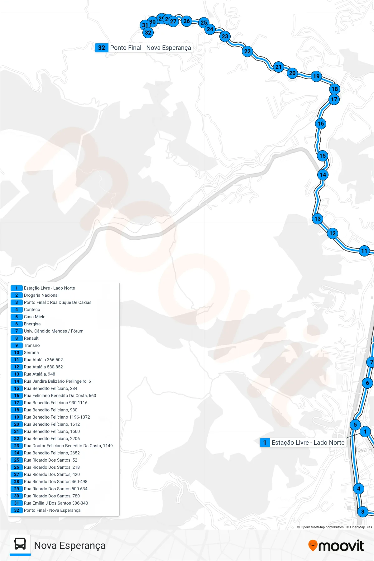 Rota e paradas da linha de ônibus  52-A  (Nova Esperança) no mapa