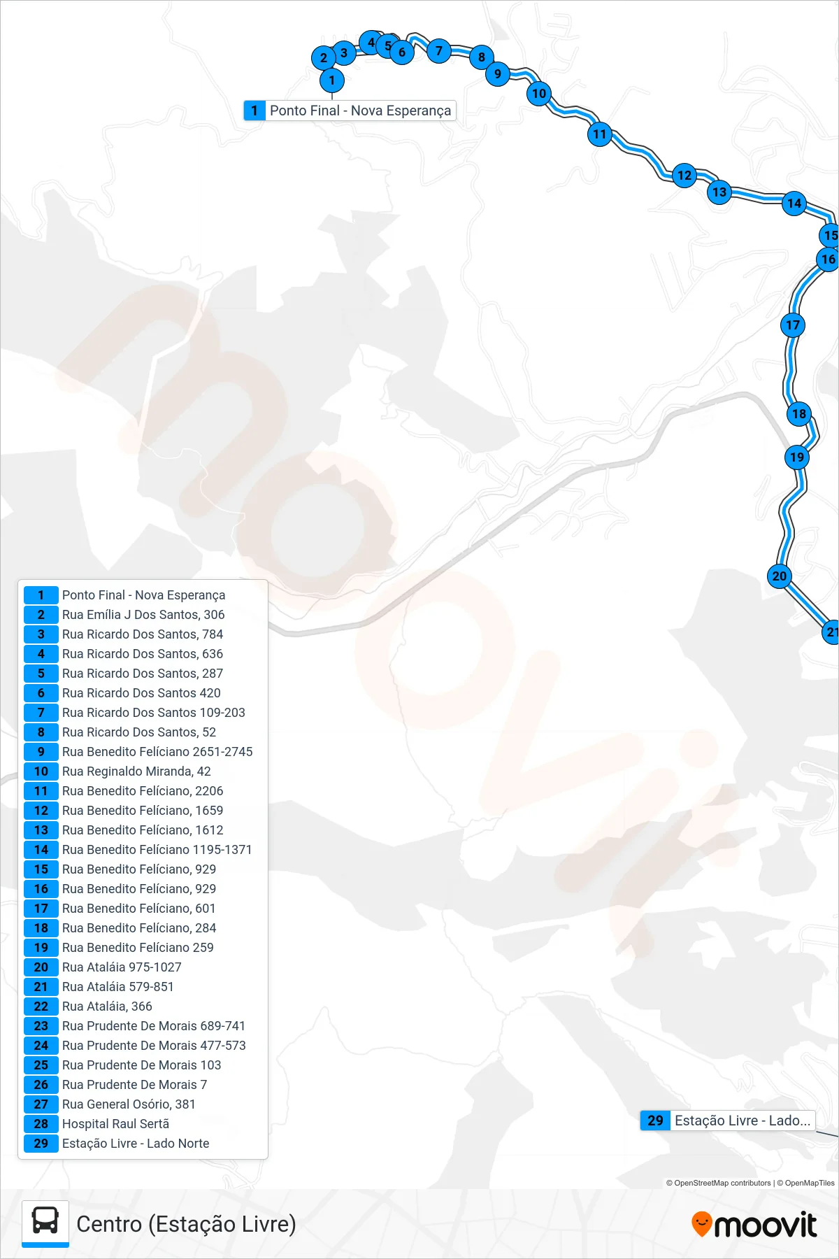 Rota e paradas da linha de ônibus 52-A (Centro (Estação Livre)) no mapa