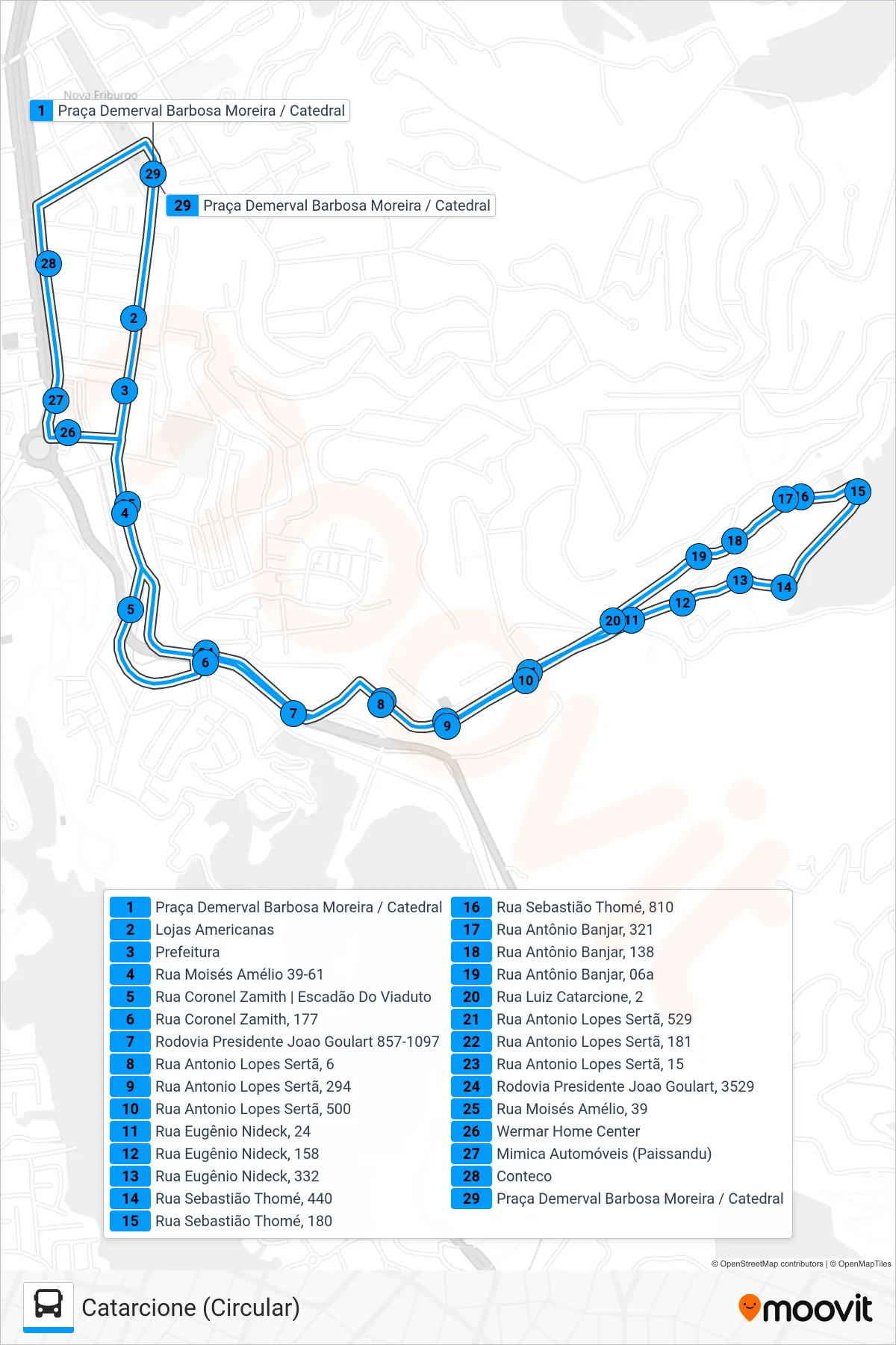 Rota e paradas da linha de ônibus 05 (Catarcione (Circular)) no mapa