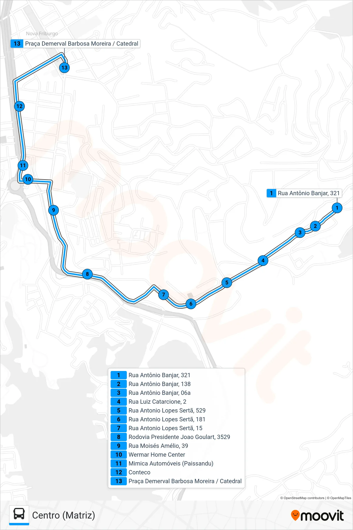 Rota e paradas da linha de ônibus 05 (Centro (Matriz)) no mapa