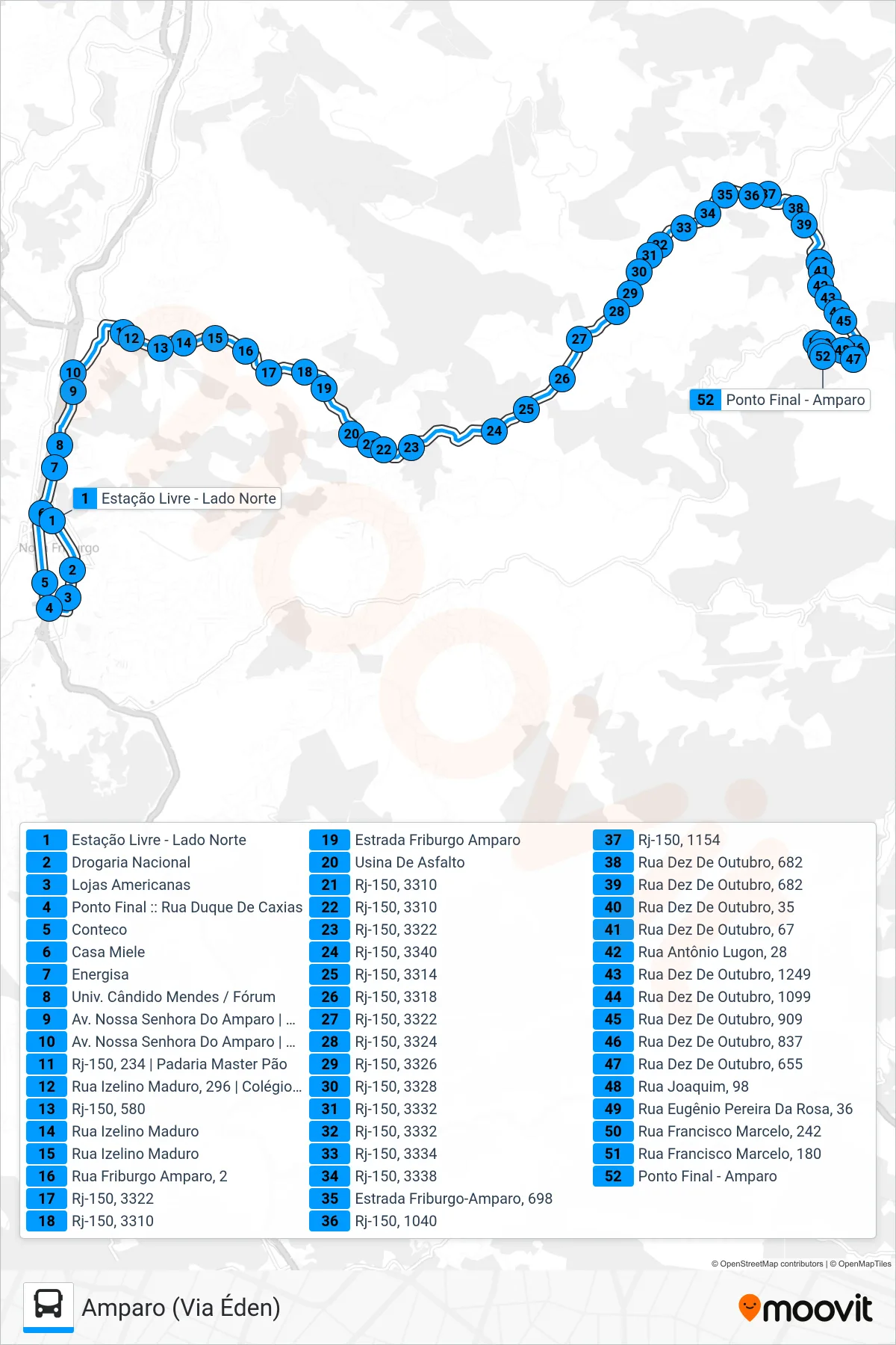 Rota e paradas da linha de ônibus  30  (Amparo (Via Éden)) no mapa