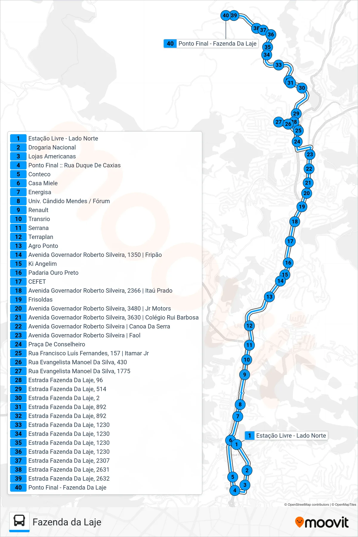 Rota e paradas da linha de ônibus 27 (Fazenda Da Laje) no mapa