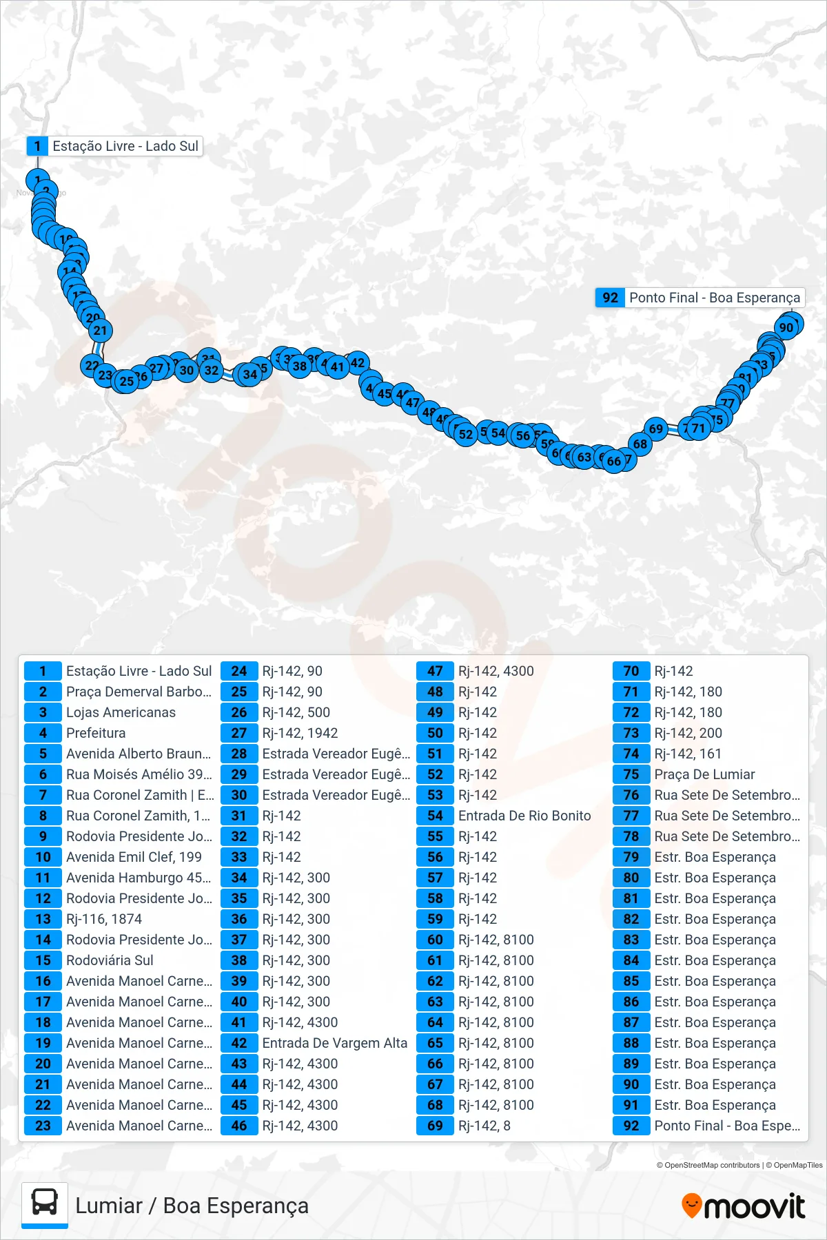 Rota e paradas da linha de ônibus 48-A (Lumiar / Boa Esperança) no mapa