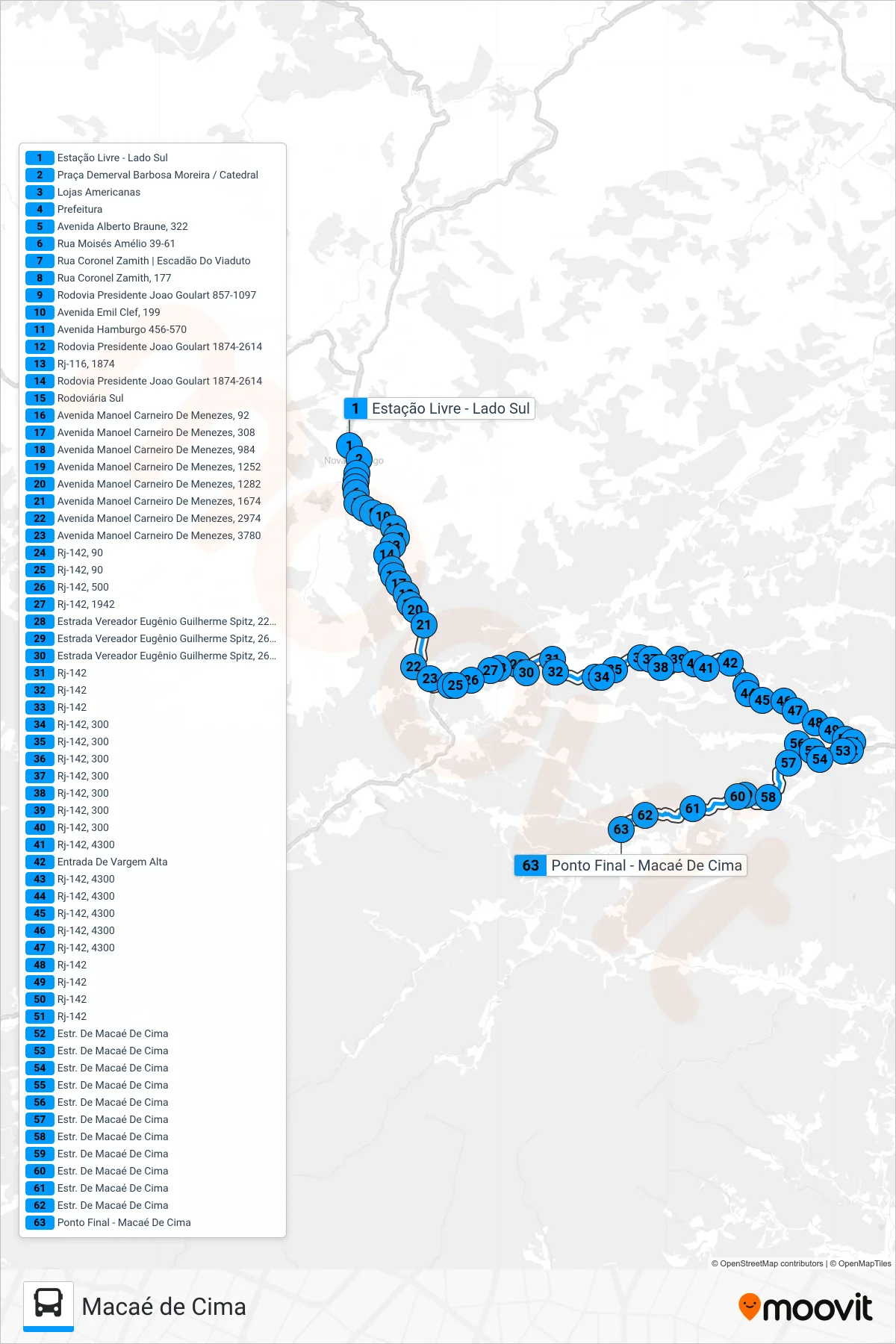 Rota e paradas da linha de ônibus 49-A (Macaé De Cima) no mapa