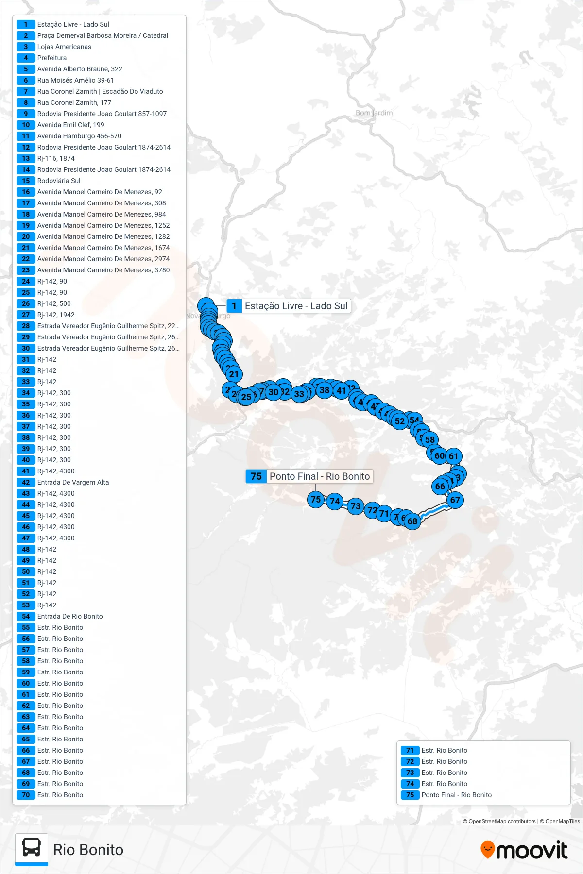Rota e paradas da linha de ônibus 49 (Rio Bonito) no mapa