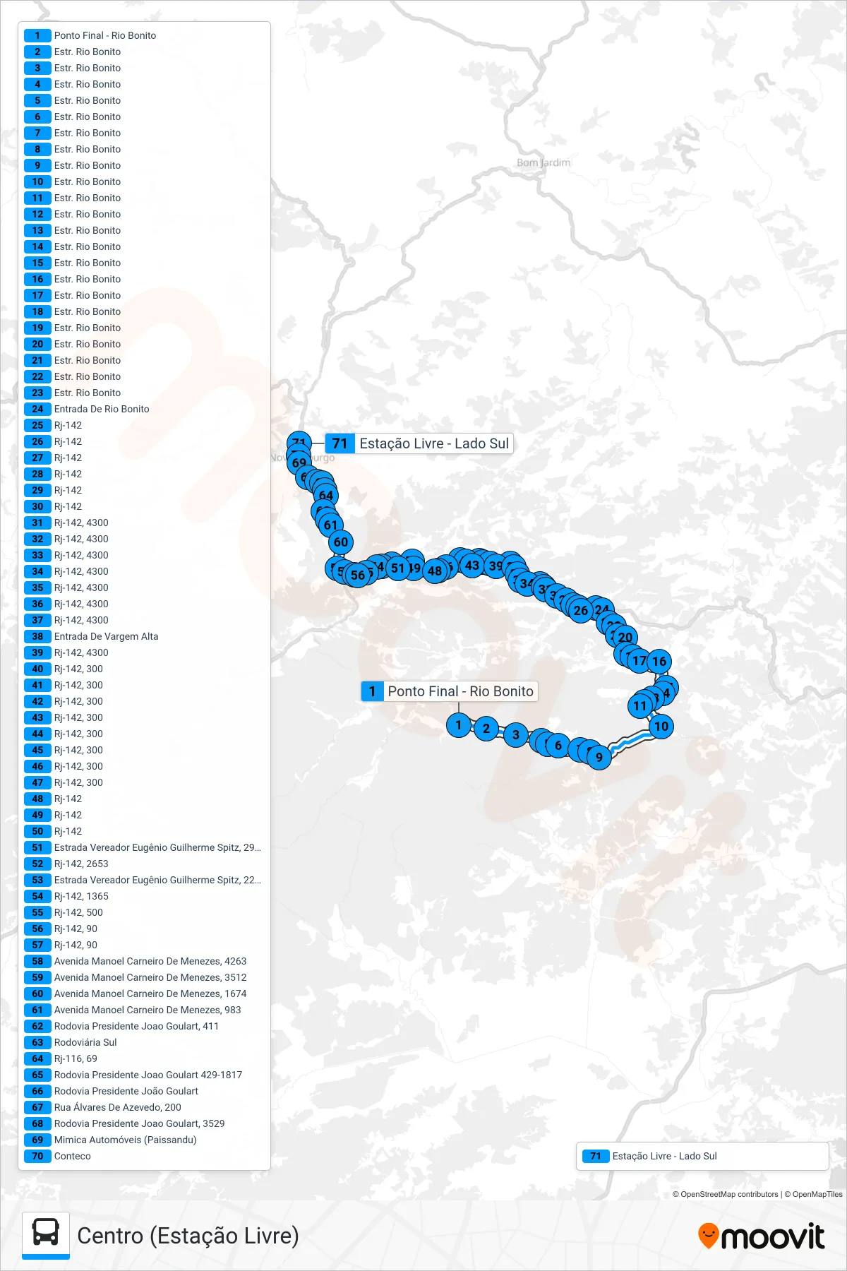 Rota e paradas da linha de ônibus 49 (Centro (Estação Livre)) no mapa