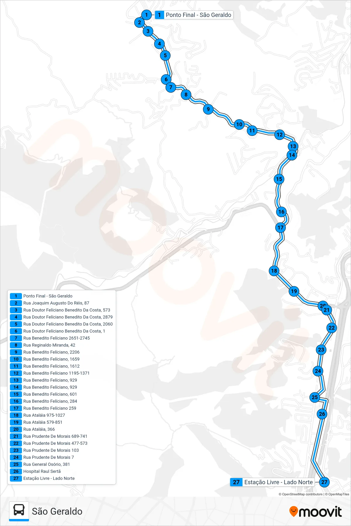 Rota e paradas da linha de ônibus 50 (Centro (Estação Livre)) no mapa